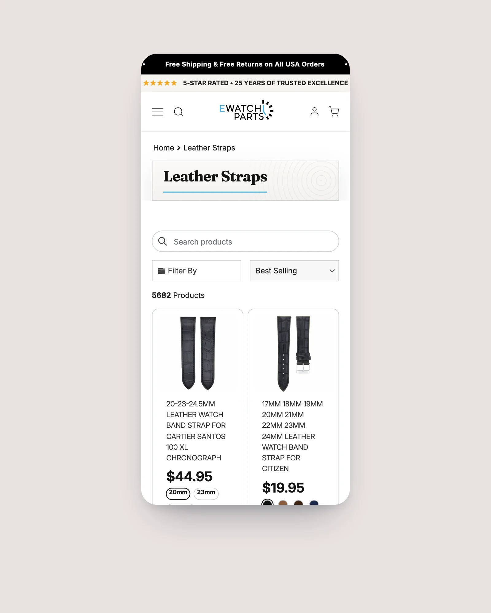 eWatch Parts collection page on mobile