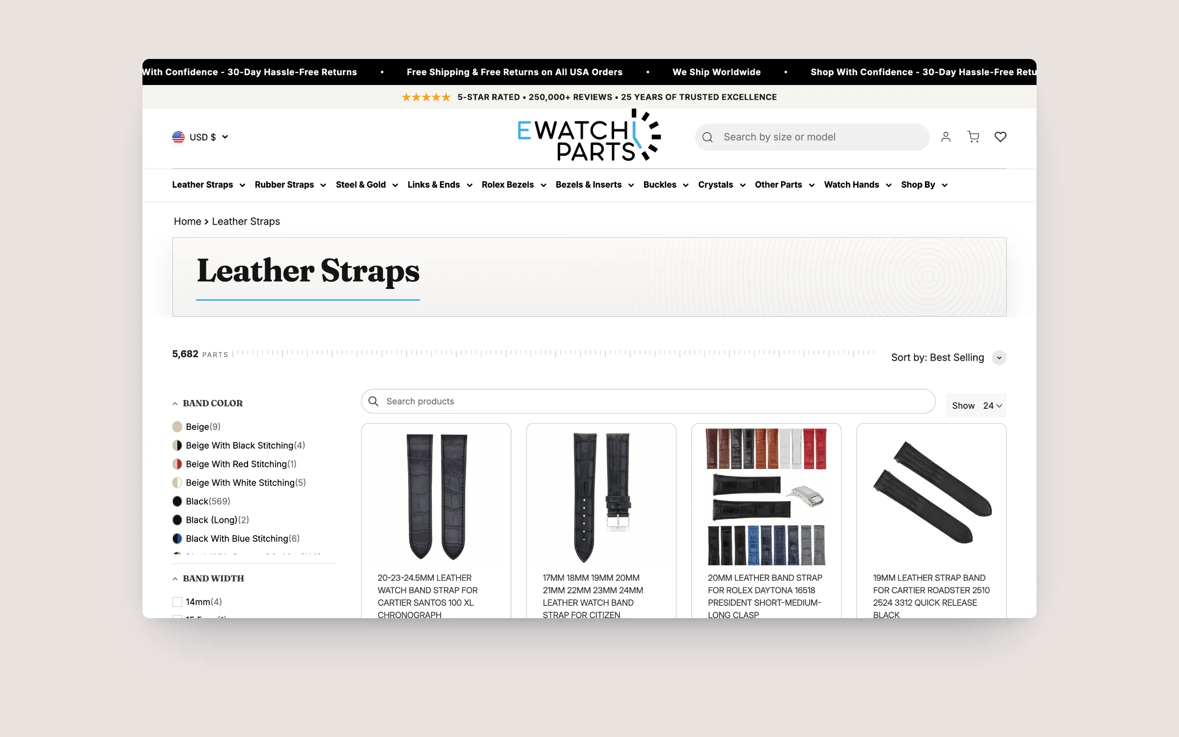 eWatch Parts collection page with band colour, width and fit filters