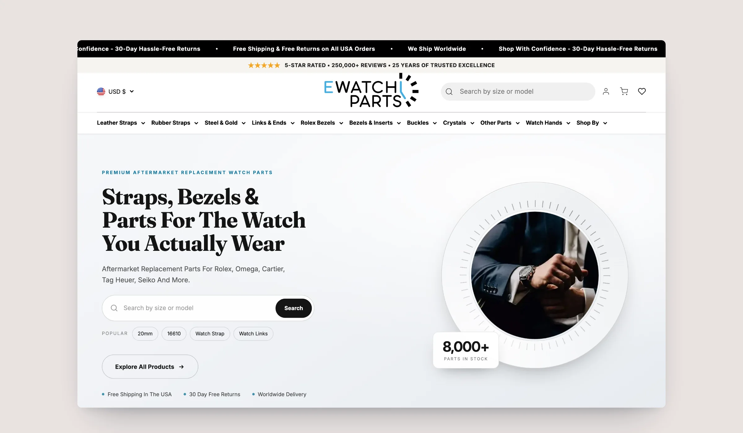 eWatch Parts homepage on desktop, built on Shopify by Tripster Developers