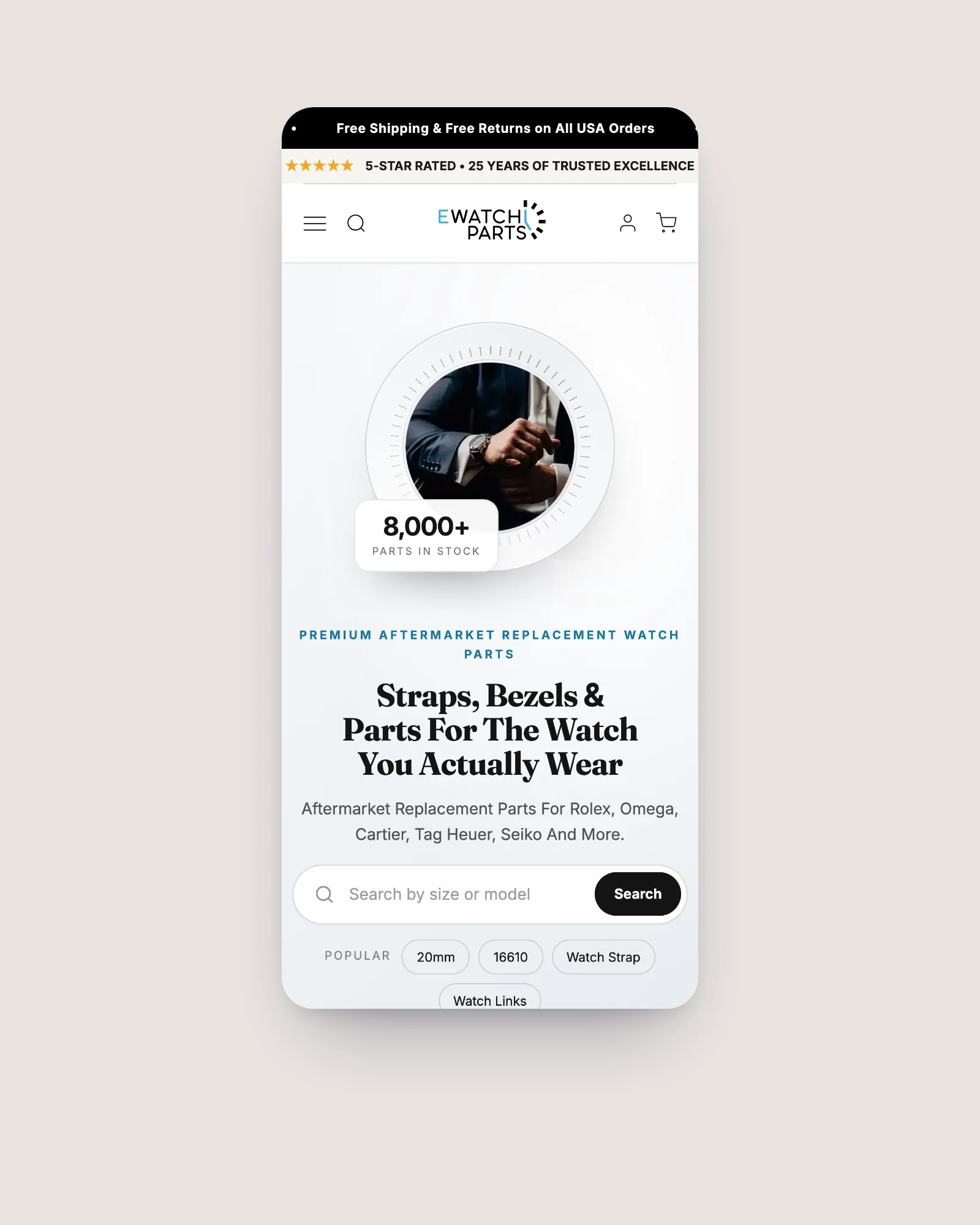 eWatch Parts homepage on a phone with search by size or model
