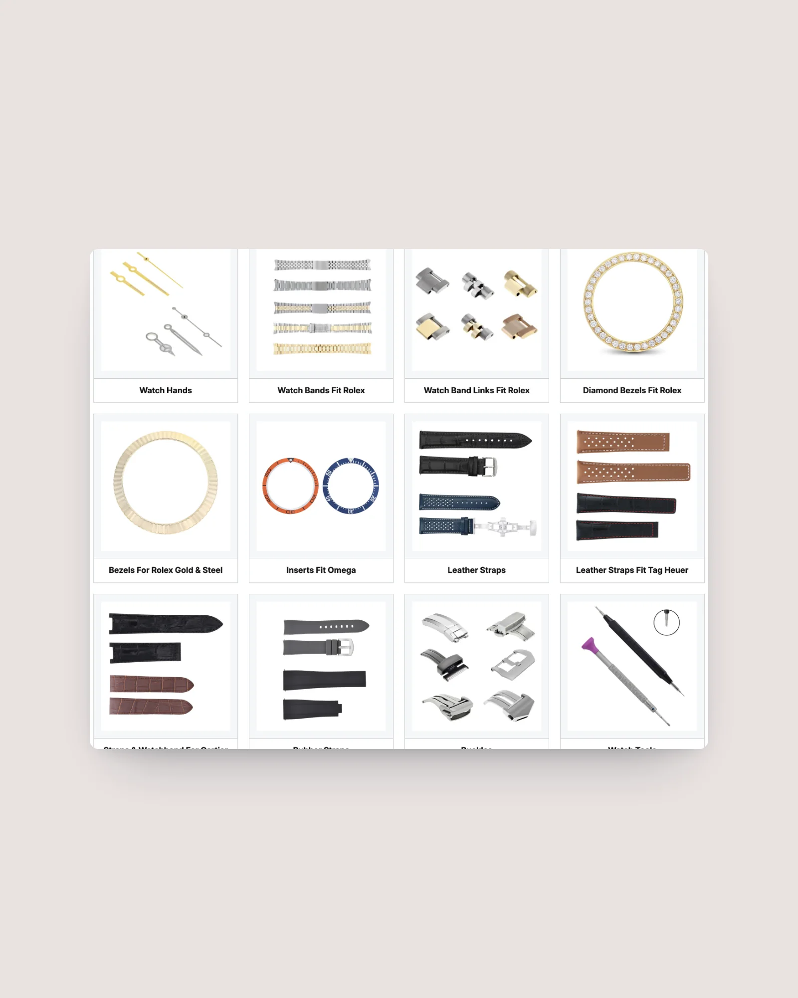 Grid of watch parts categories: straps, bezels, links and buckles