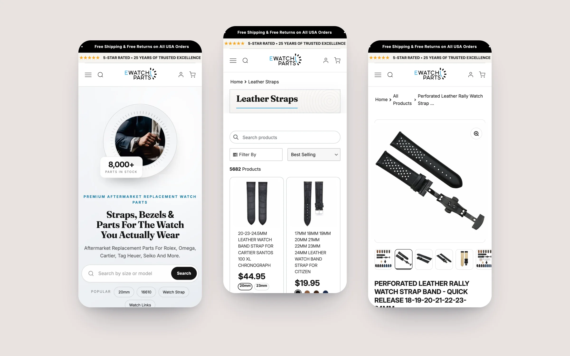 eWatch Parts homepage, leather straps collection and strap product page on three phones