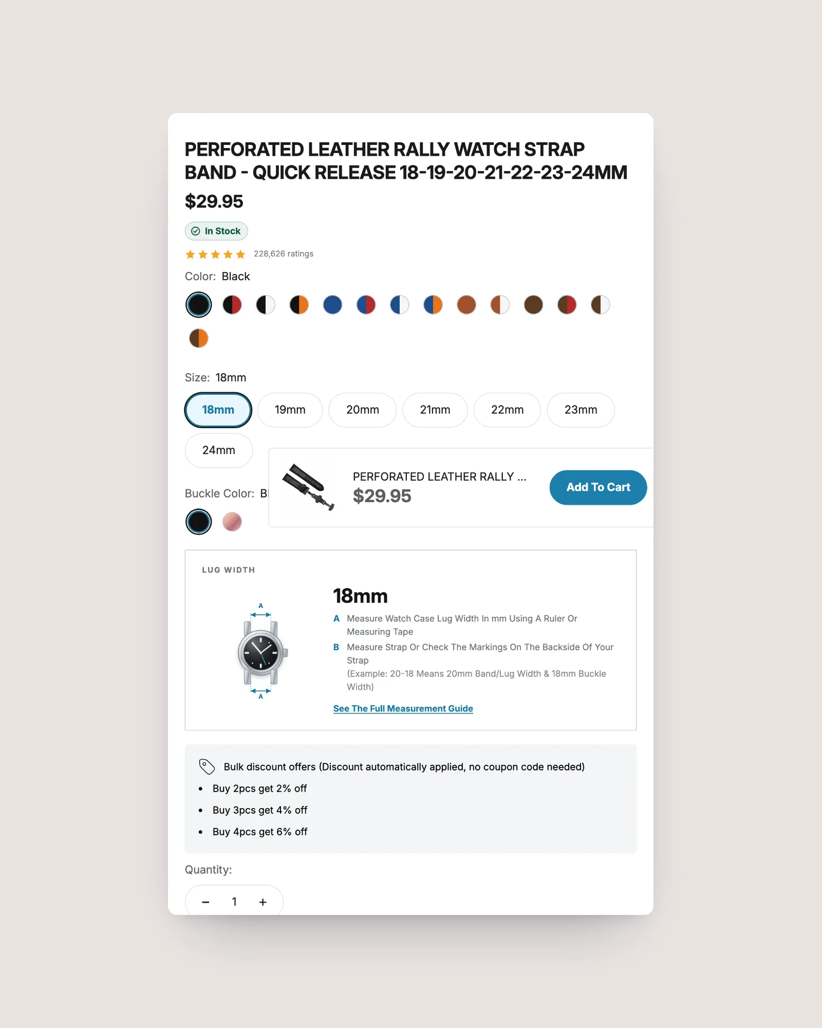 Close-up of the eWatch Parts product buy box: colour swatches, sizes and stock