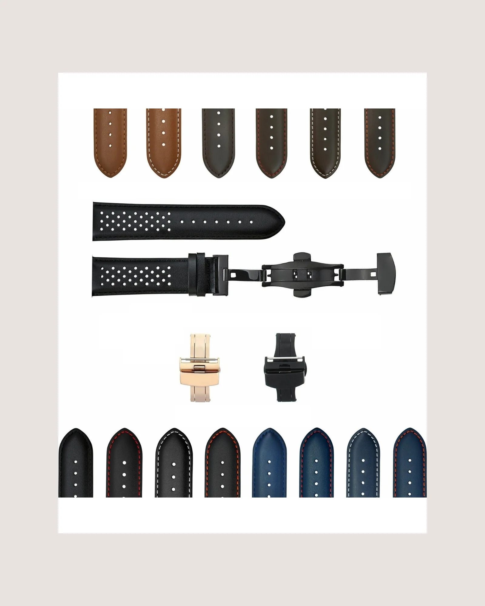 Leather and perforated watch straps in several colours with deployant buckles