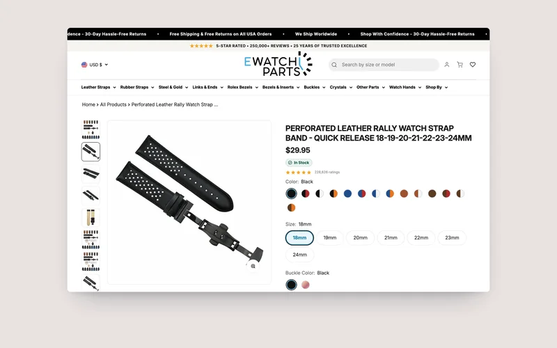 eWatch Parts product page, built by Tripster Developers