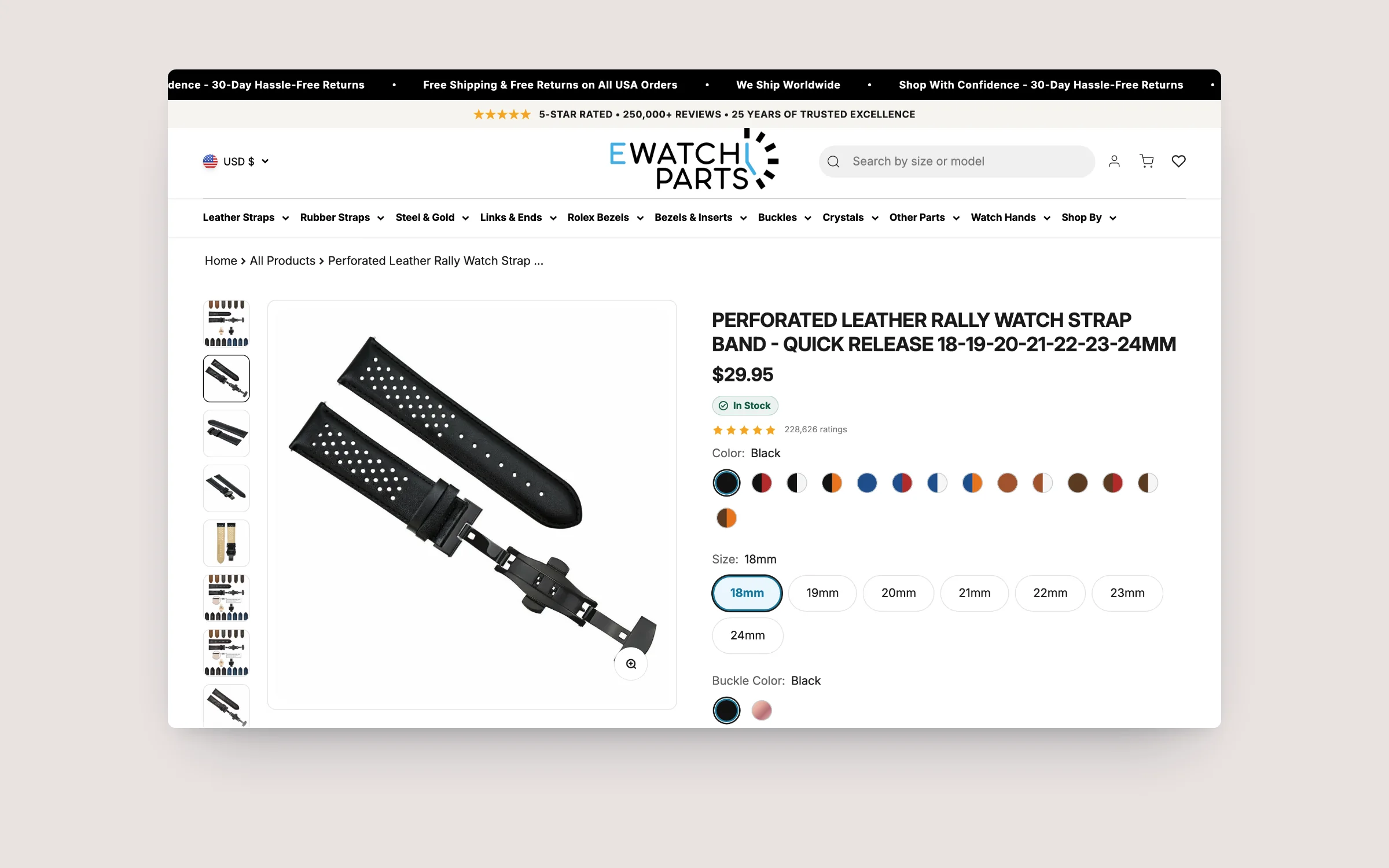 eWatch Parts strap product page with colour swatches, size chips and stock