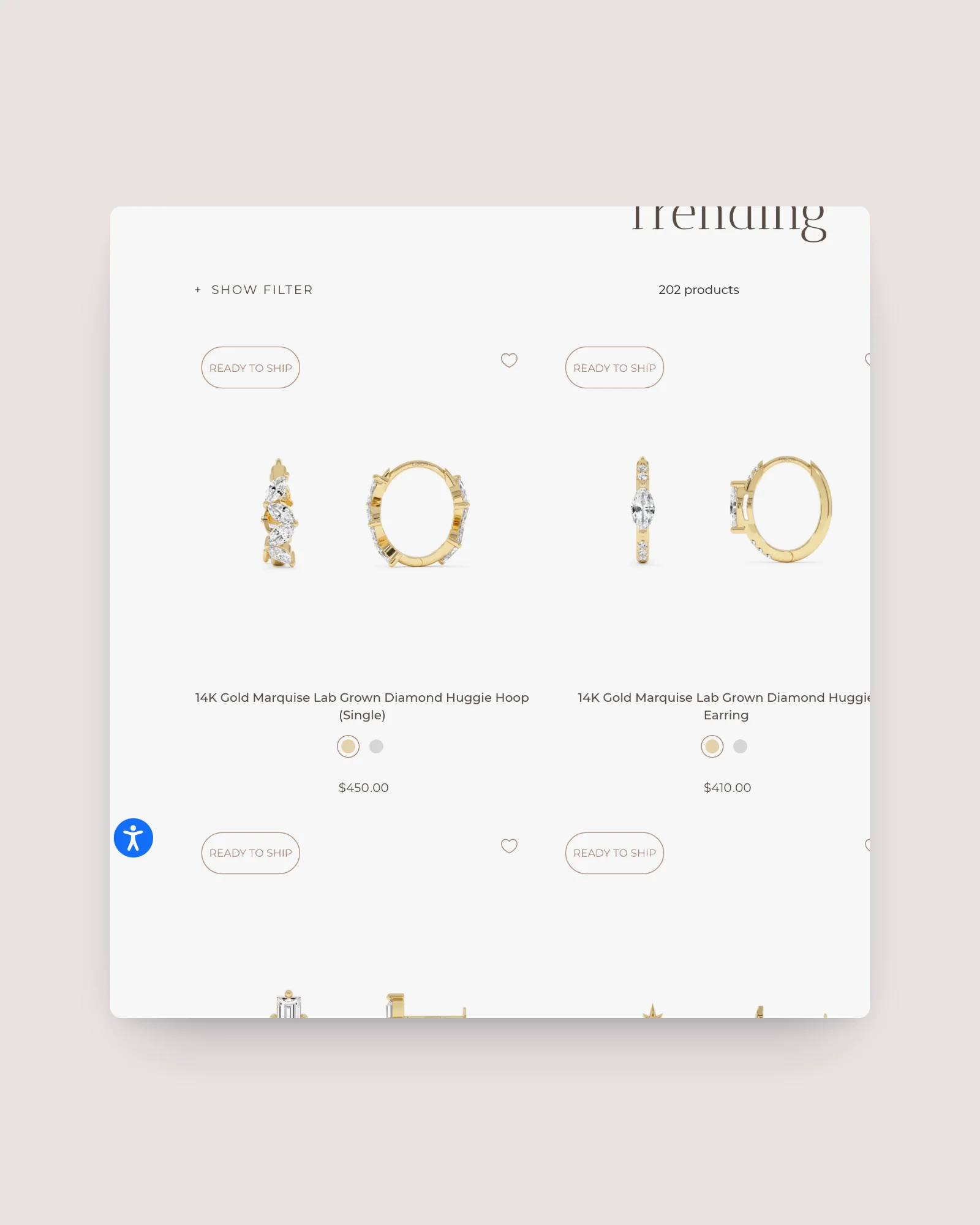 Ferkos Fine Jewelry trending collection with filter toggle, metal swatches and wishlist hearts