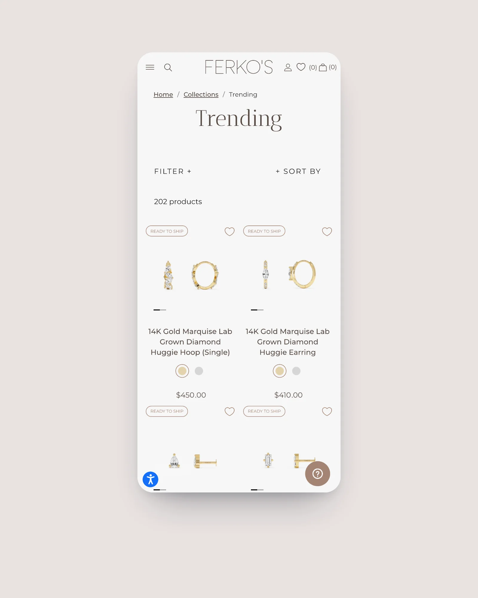 Ferkos Fine Jewelry collection page on mobile