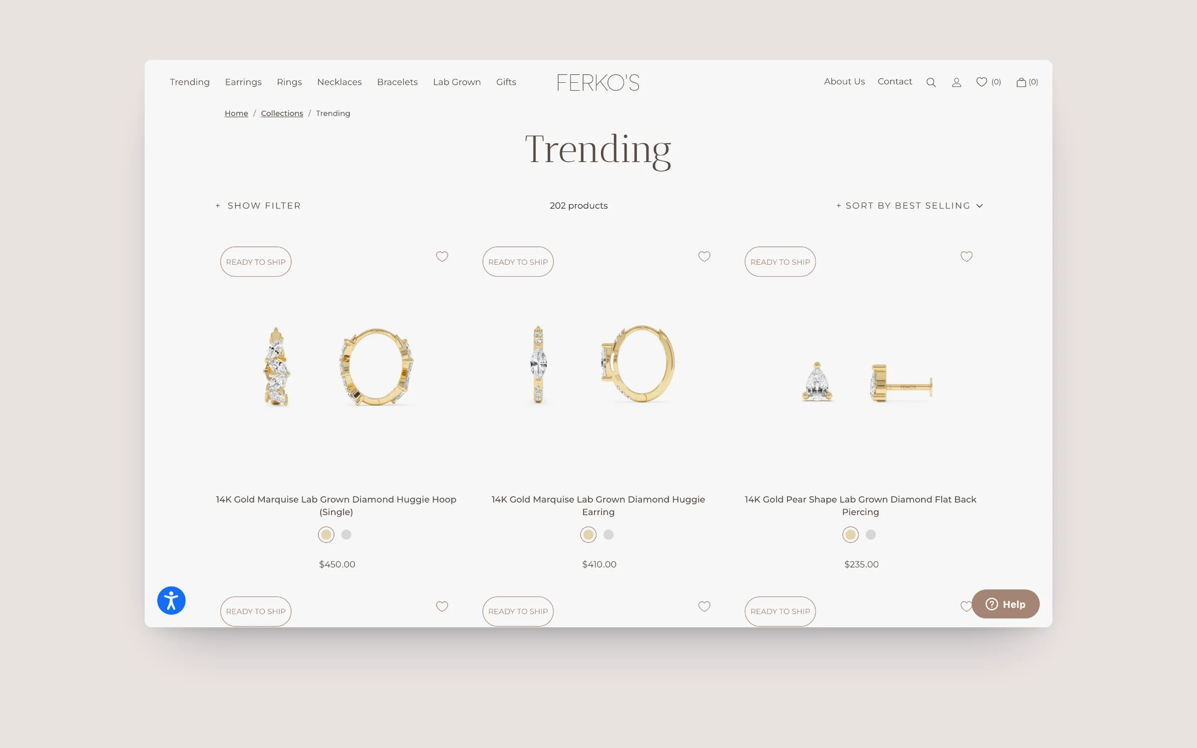 Ferkos Fine Jewelry collection page with sorting and metal swatches