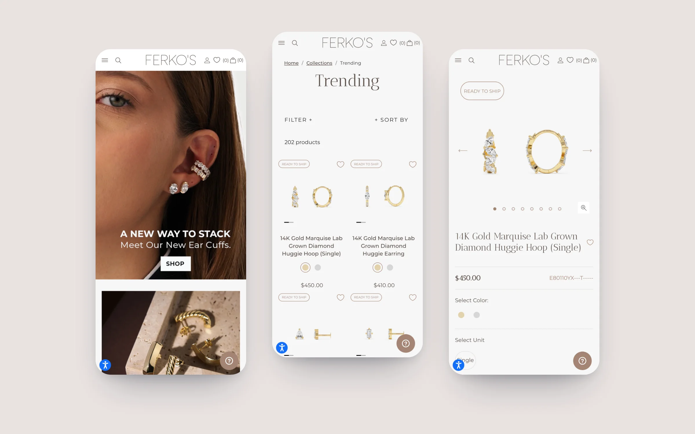 Ferkos Fine Jewelry homepage, trending collection and product page on three phones