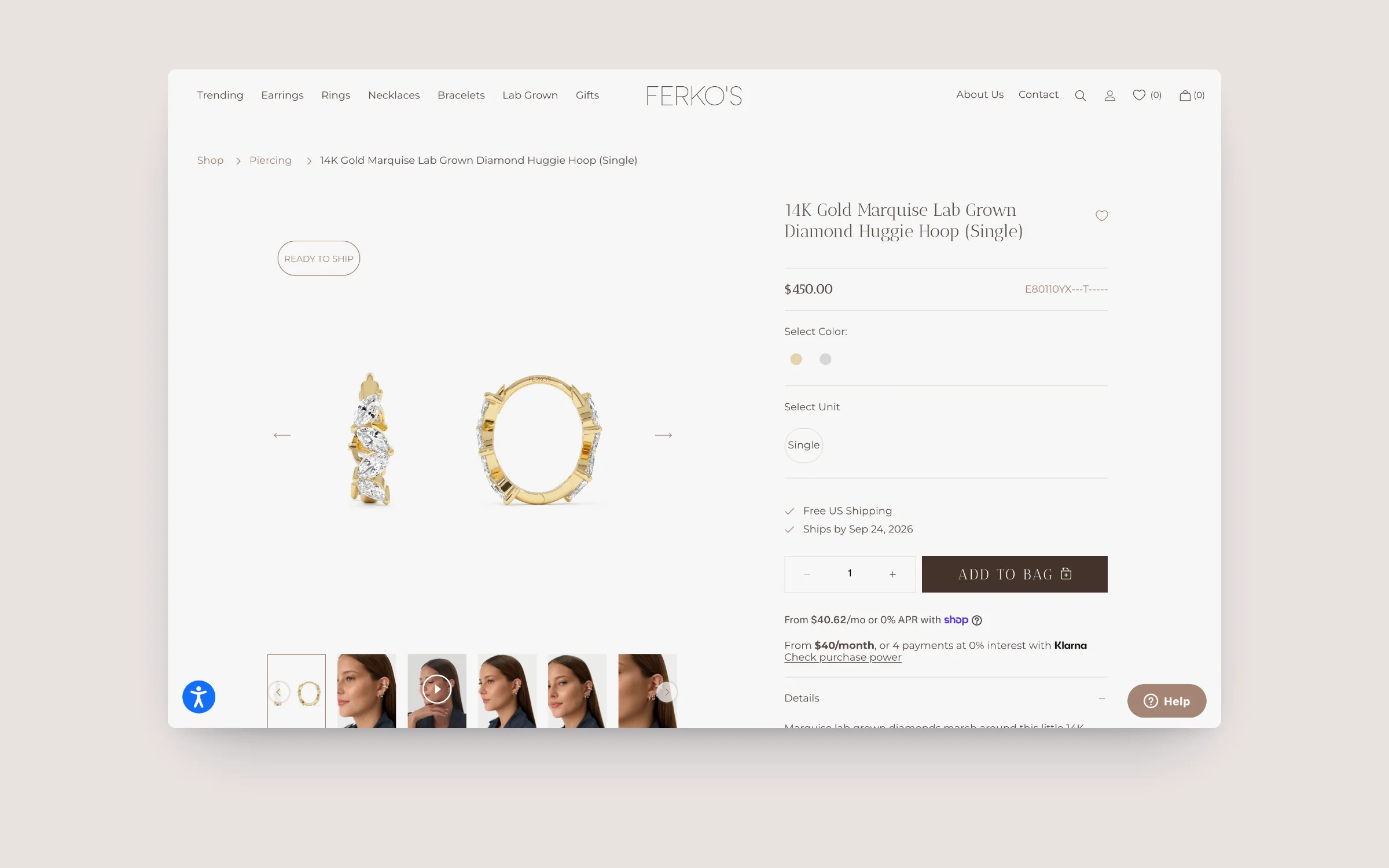 Ferkos Fine Jewelry product page: lab grown diamond huggie hoop with colour and unit options and add to bag