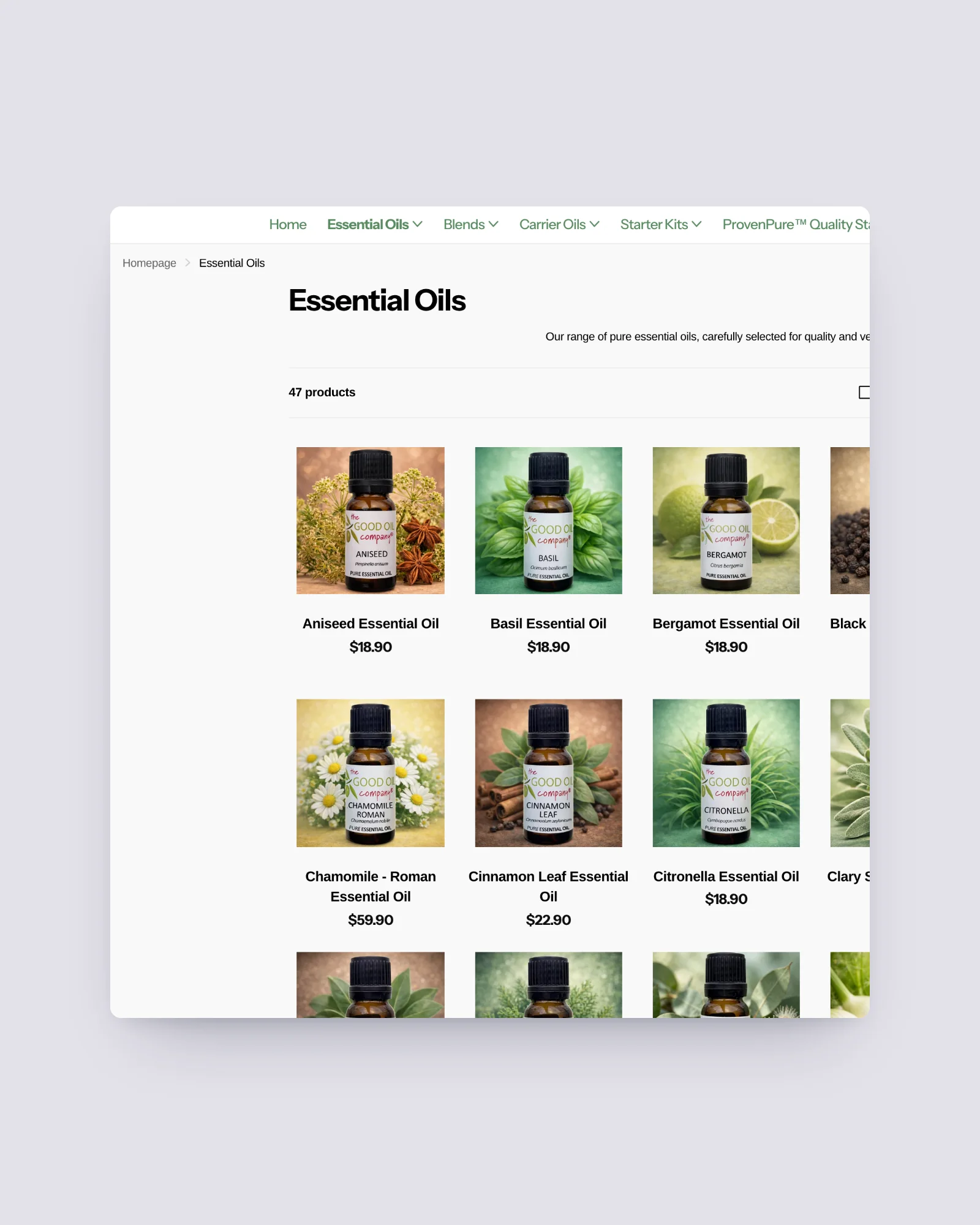 The Good Oil Company essential oils collection grid with product count and prices