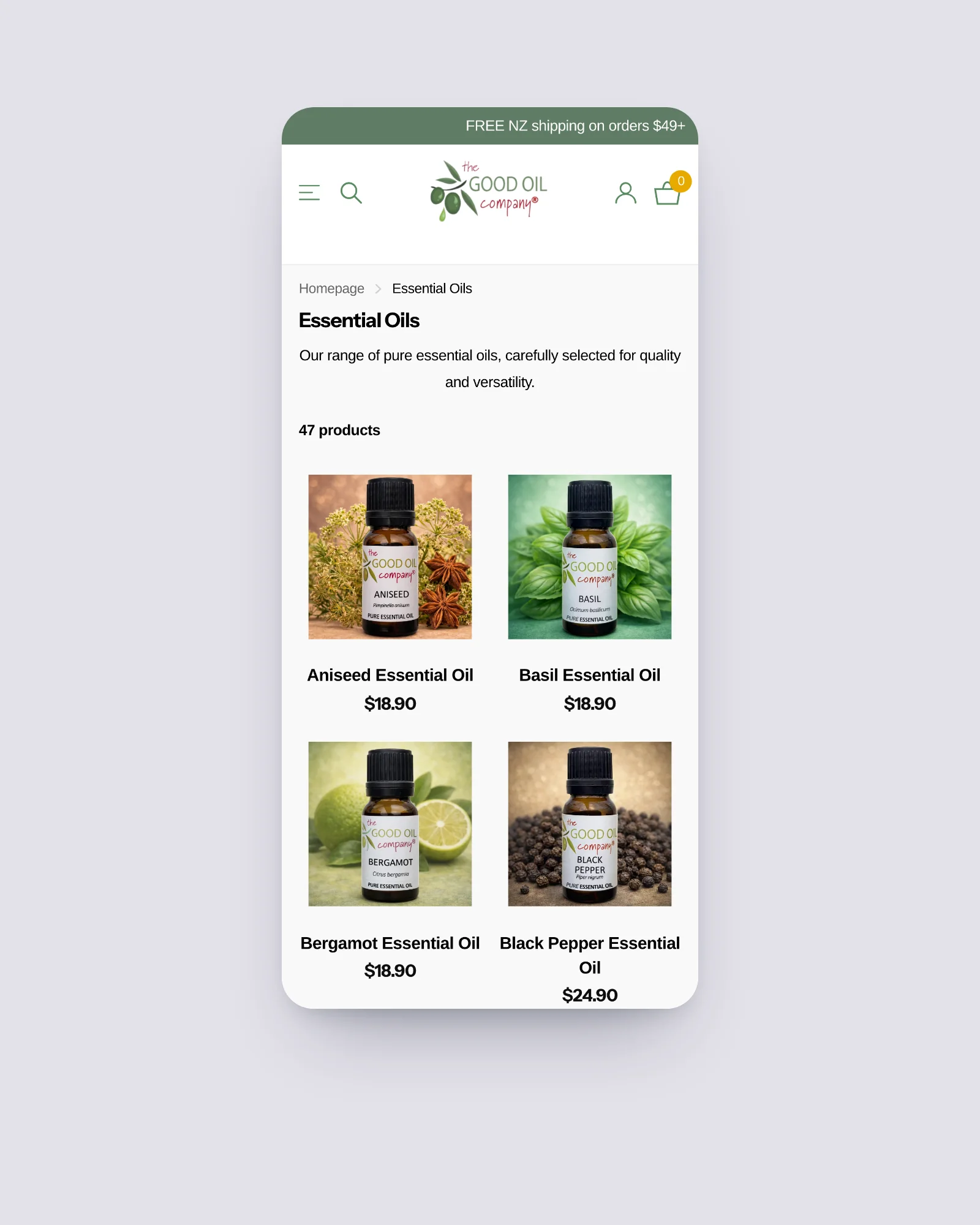 The Good Oil Company collection page on mobile