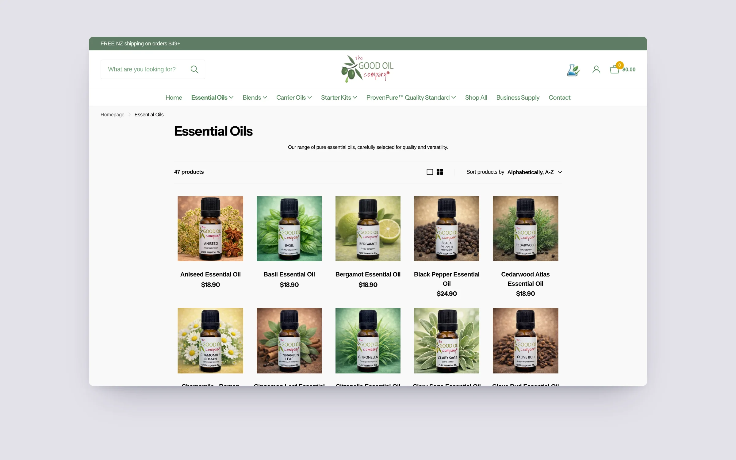 The Good Oil Company collection page with the essential oil range