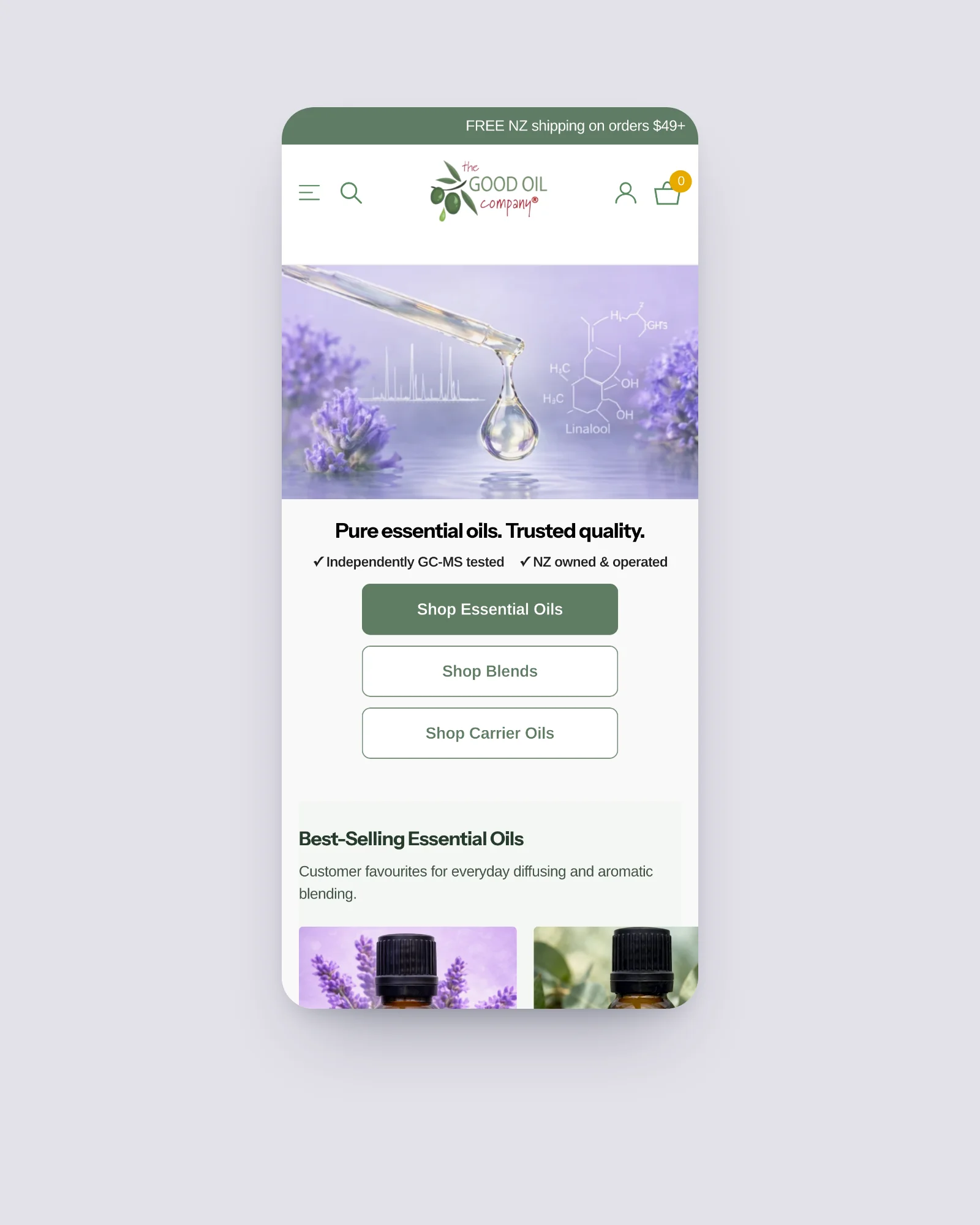 The Good Oil Company homepage on a phone: pure essential oils, independently GC-MS tested