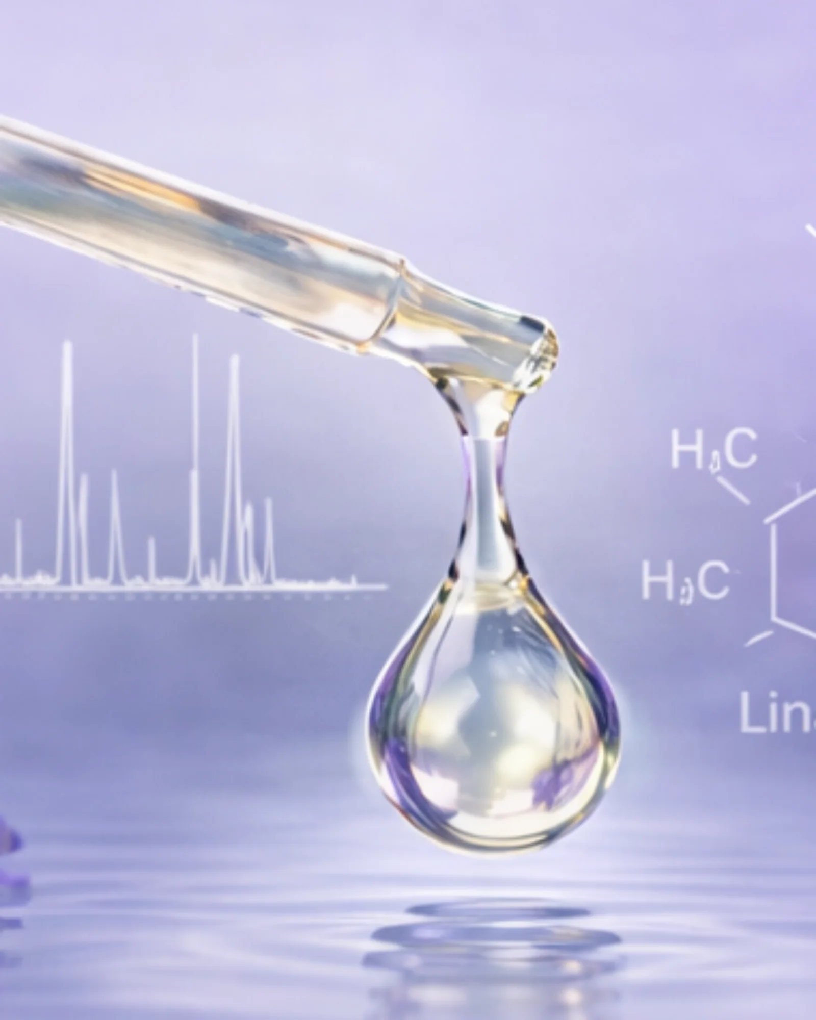 Essential oil droplet with chemistry graphics representing GC-MS testing