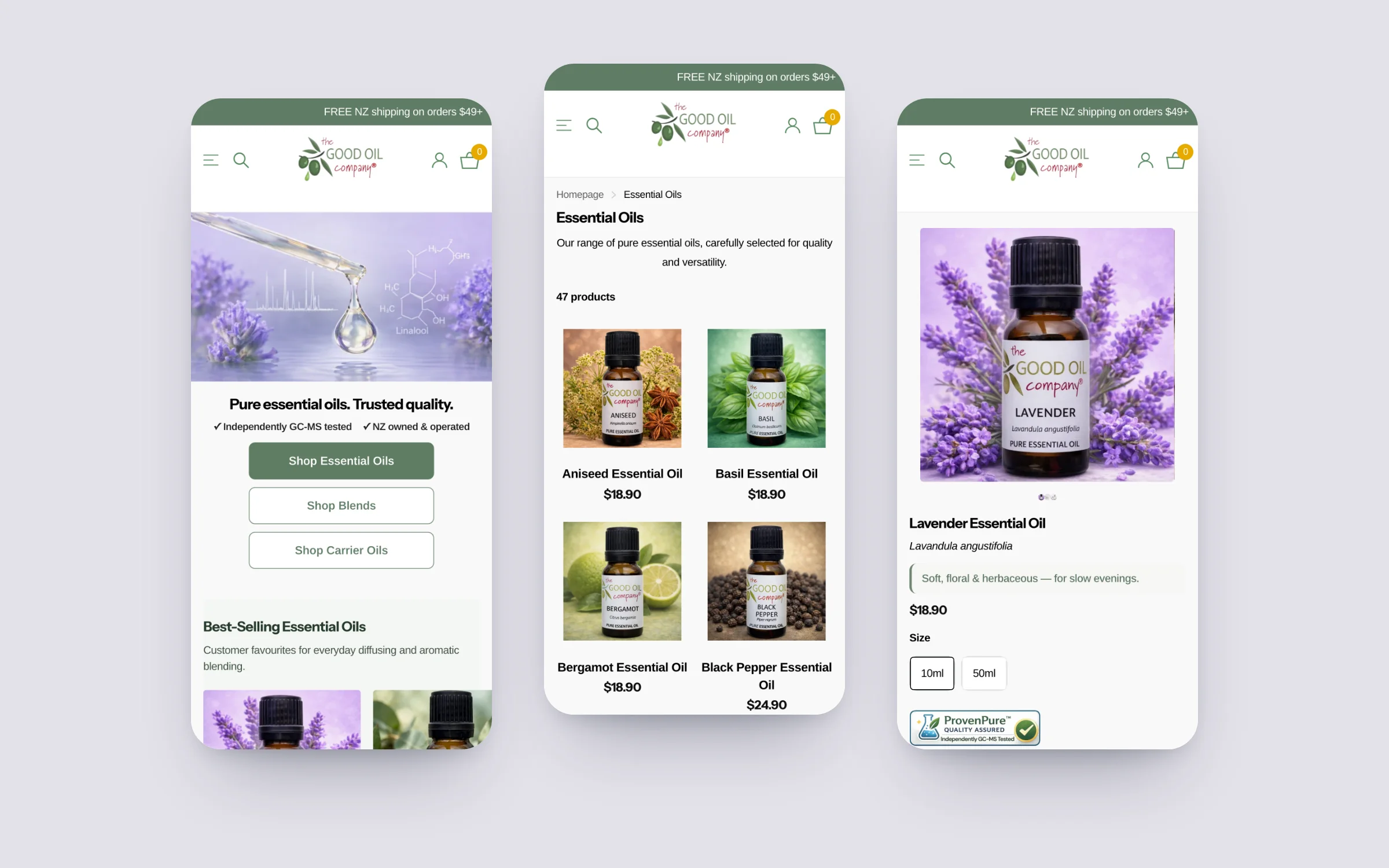 The Good Oil Company homepage, essential oils collection and lavender product page on three phones