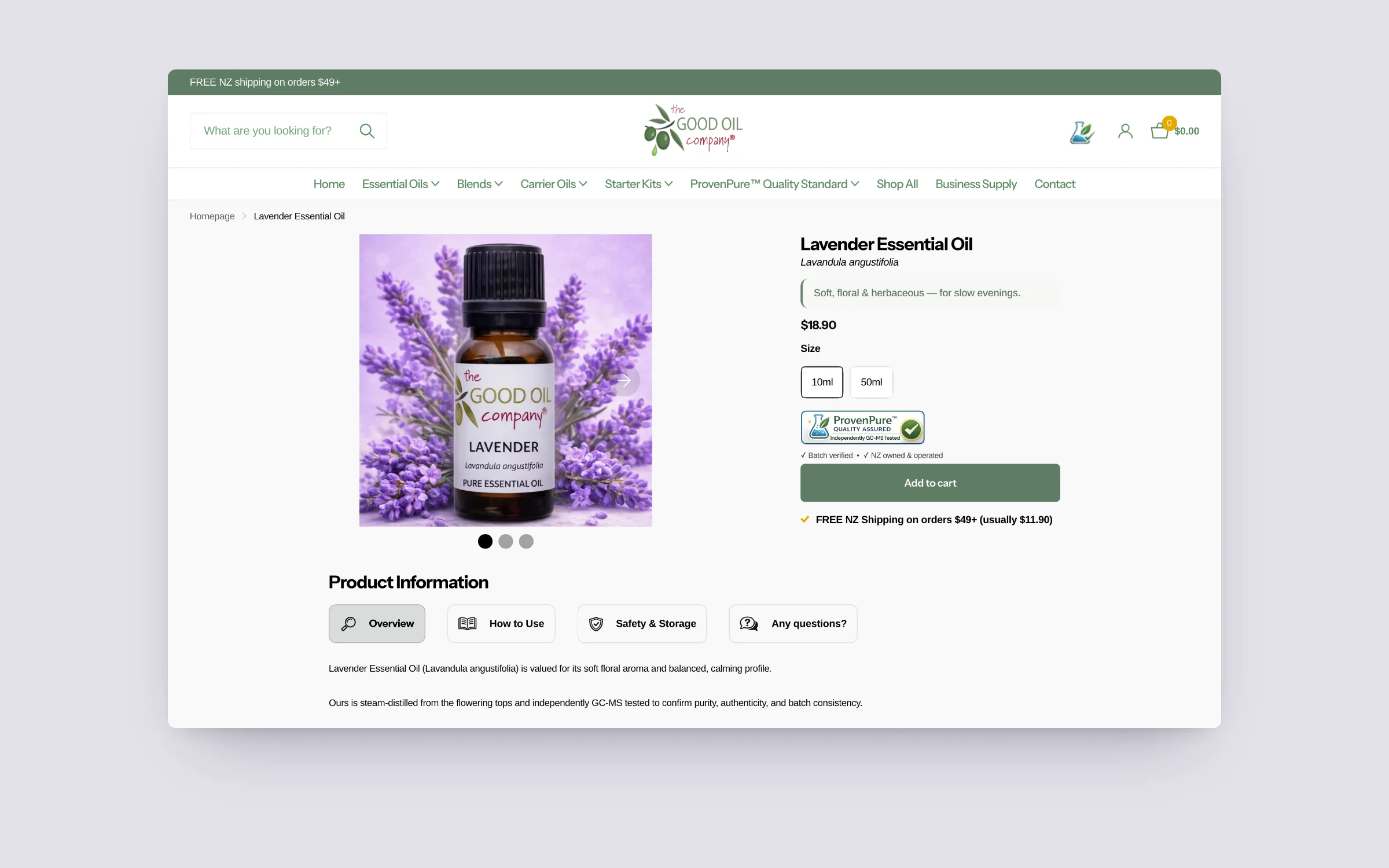 Lavender essential oil product page with size options, ProvenPure badge, free NZ shipping note and product tabs
