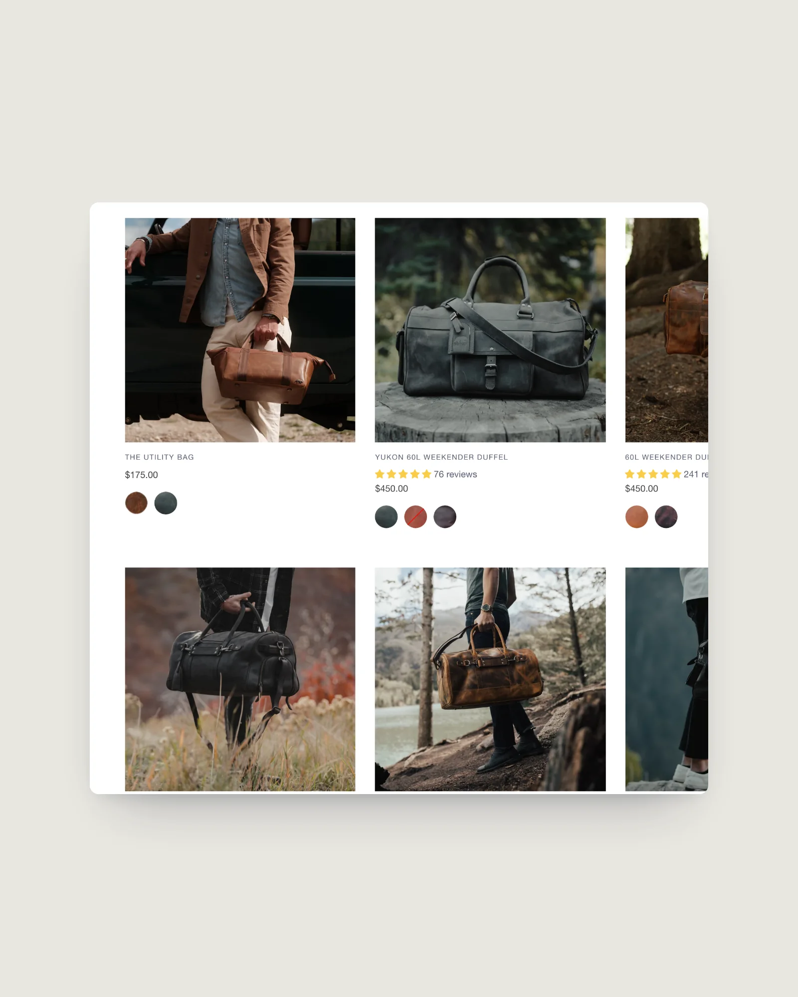 Kodiak Leather collection grid of leather bags with colour swatches and review stars