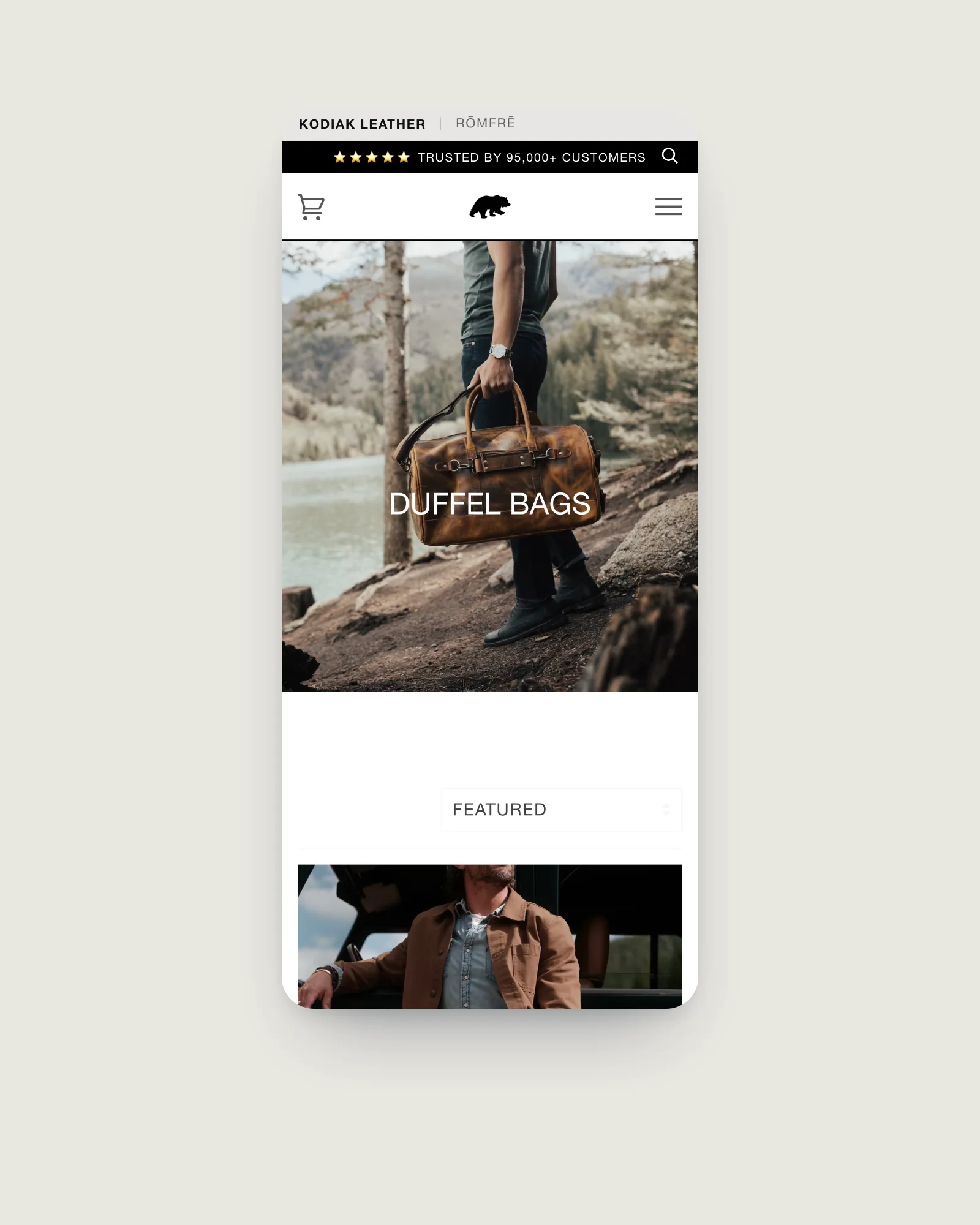 Kodiak Leather collection page on mobile