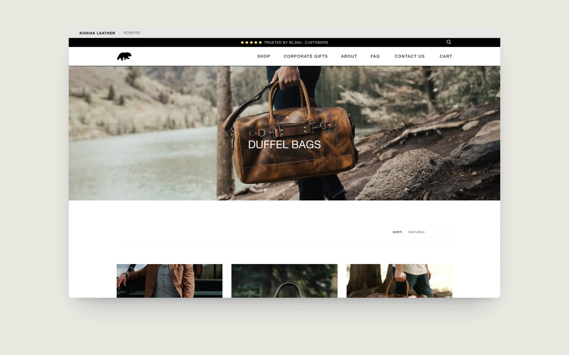 Kodiak Leather collection page with a lifestyle banner and product grid