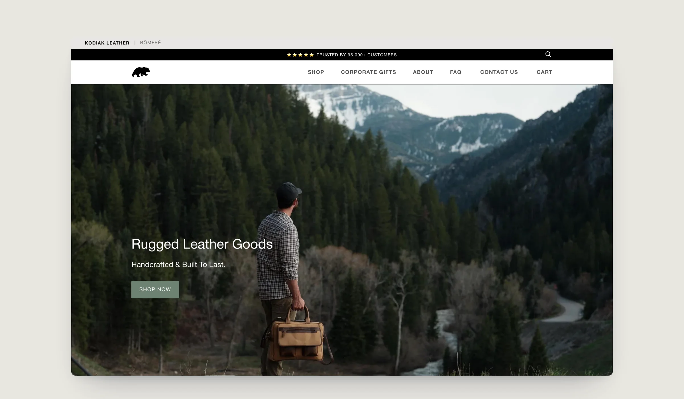 Kodiak Leather homepage on desktop, built on Shopify by Tripster Developers