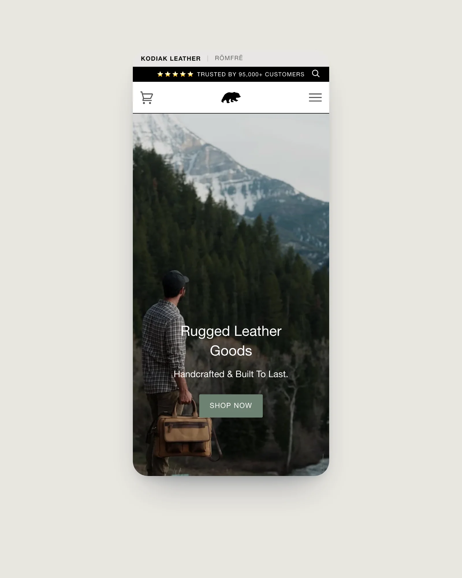 Kodiak Leather homepage on a phone: rugged leather goods, handcrafted and built to last