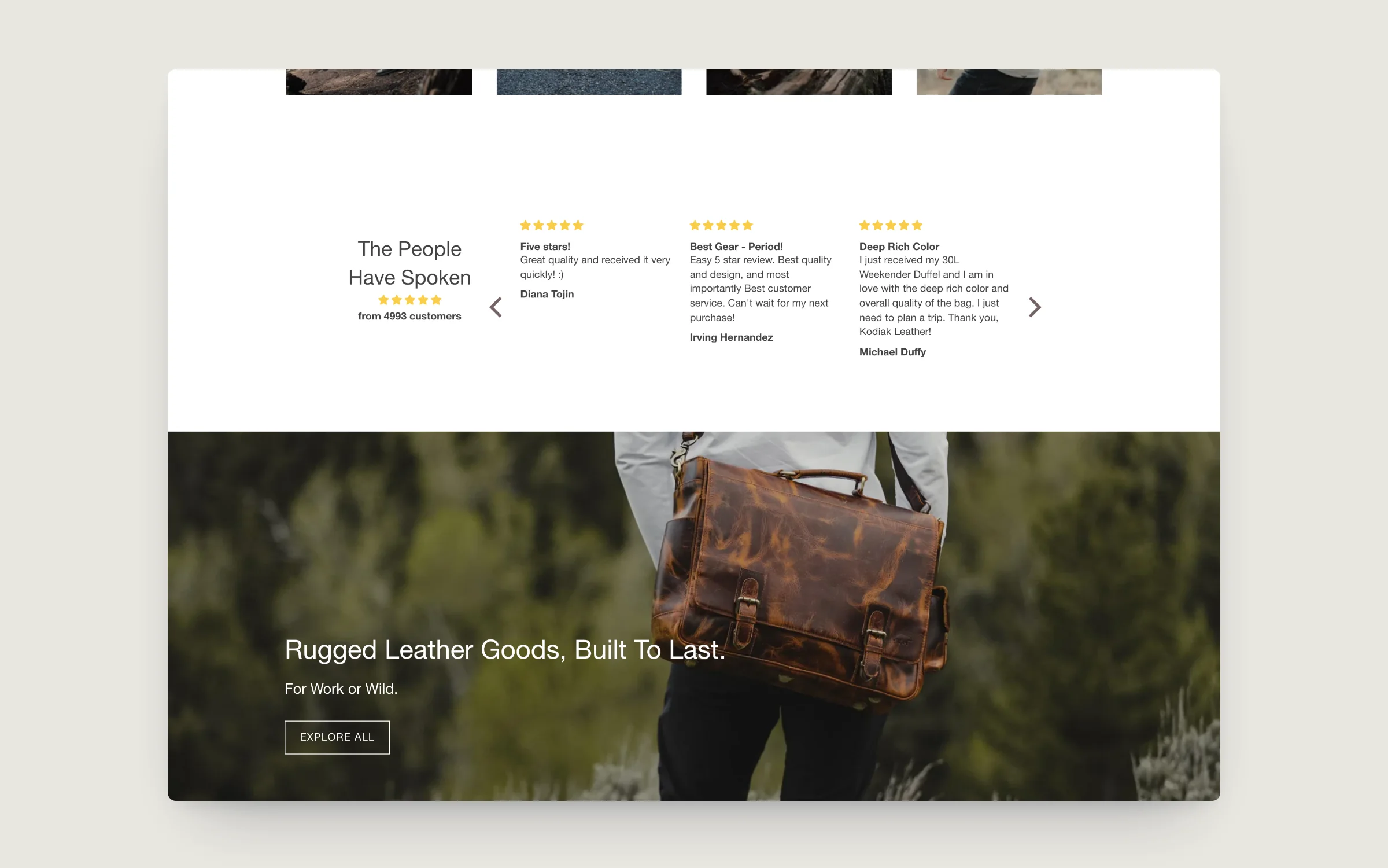 Kodiak Leather homepage: The People Have Spoken reviews above a Rugged Leather Goods, Built To Last banner