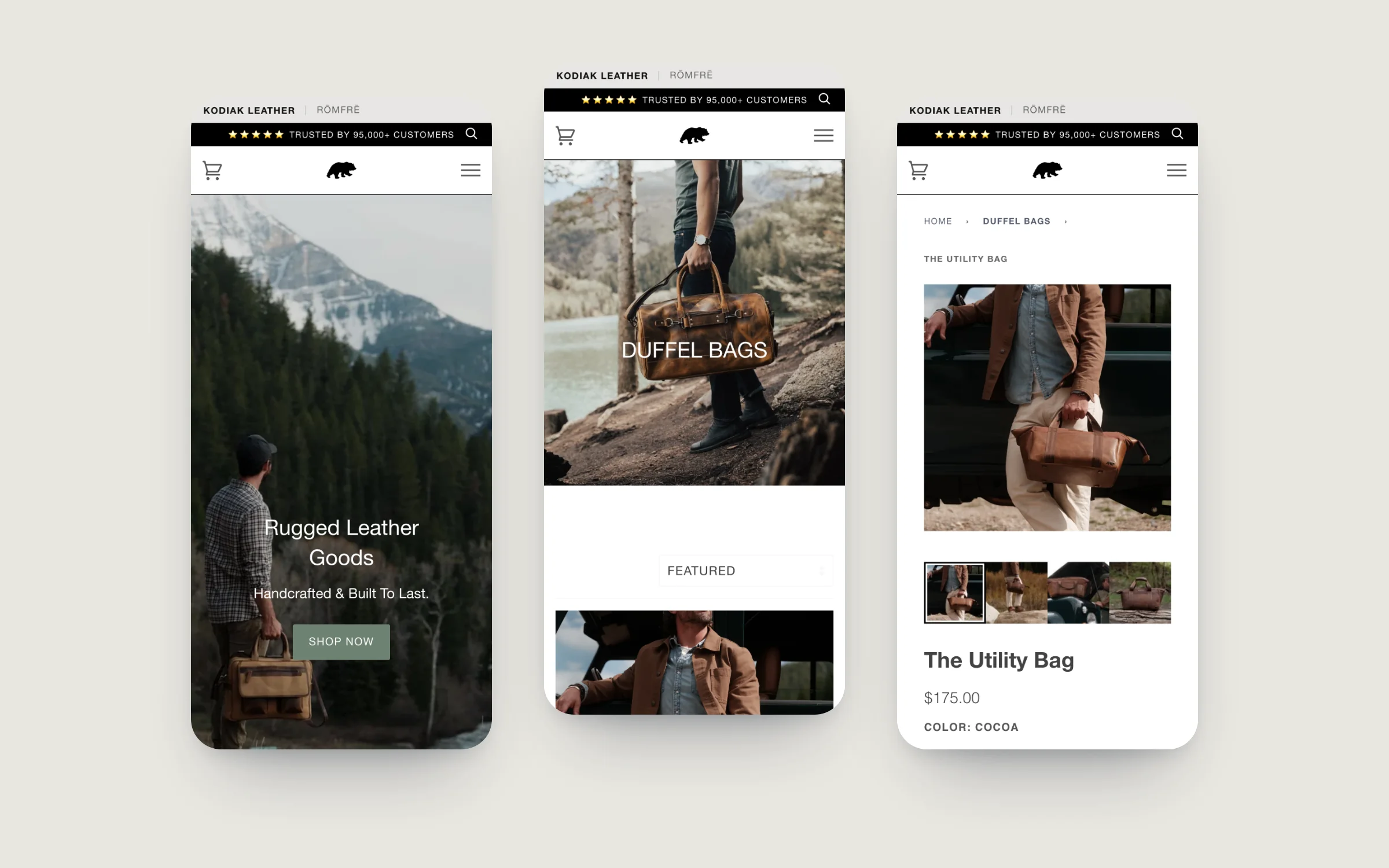 Kodiak Leather homepage, duffel bags collection and Utility Bag product page on three phones