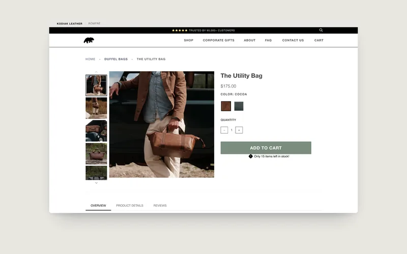 Kodiak Leather product page, built by Tripster Developers