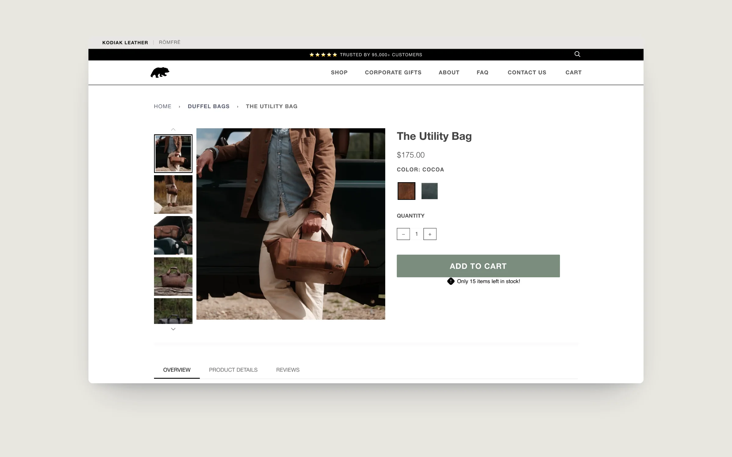 Kodiak Leather Shopify store, built by Tripster Developers