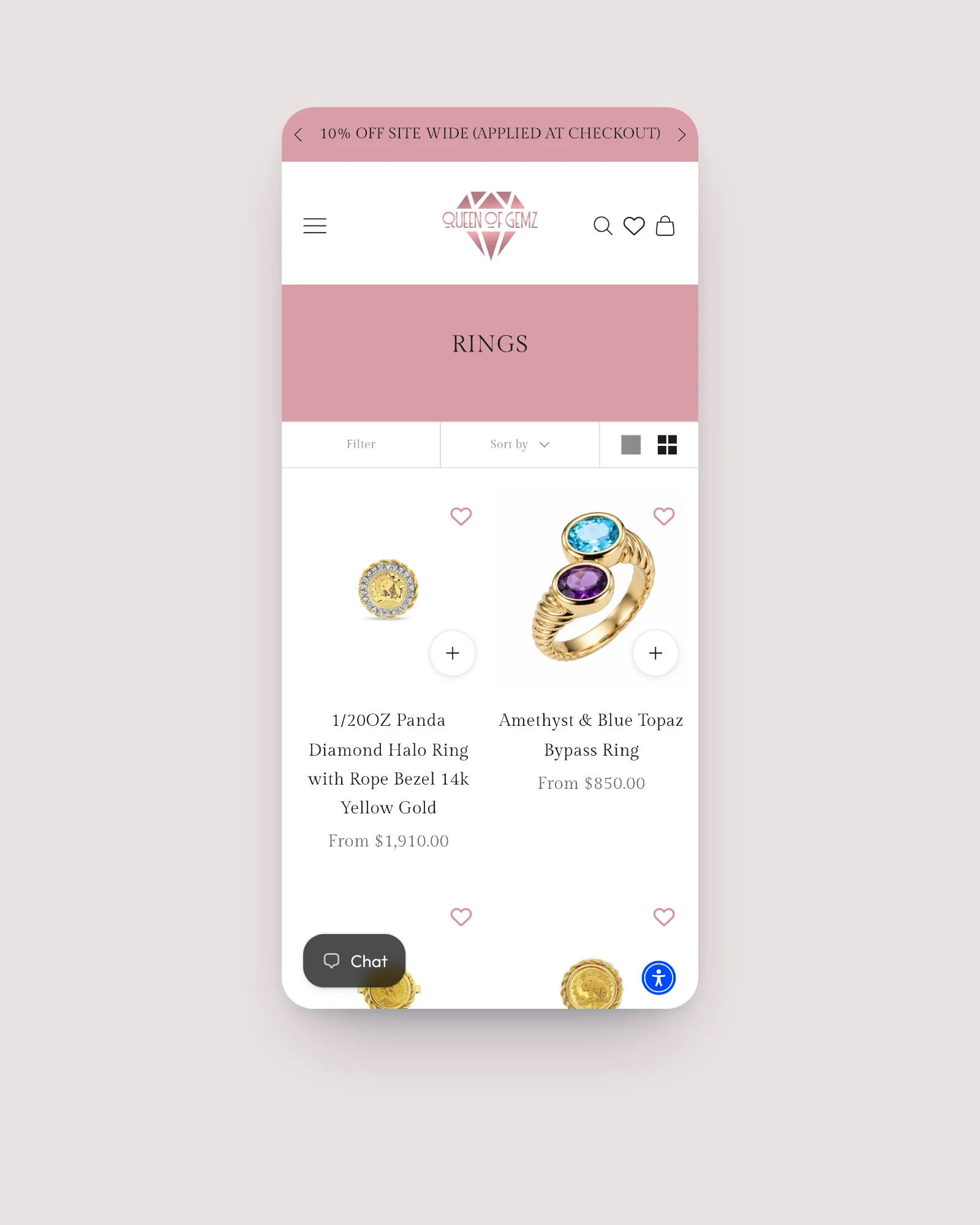Queen of Gemz collection page on mobile