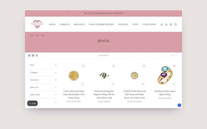 Queen of Gemz collection page, built by Tripster Developers