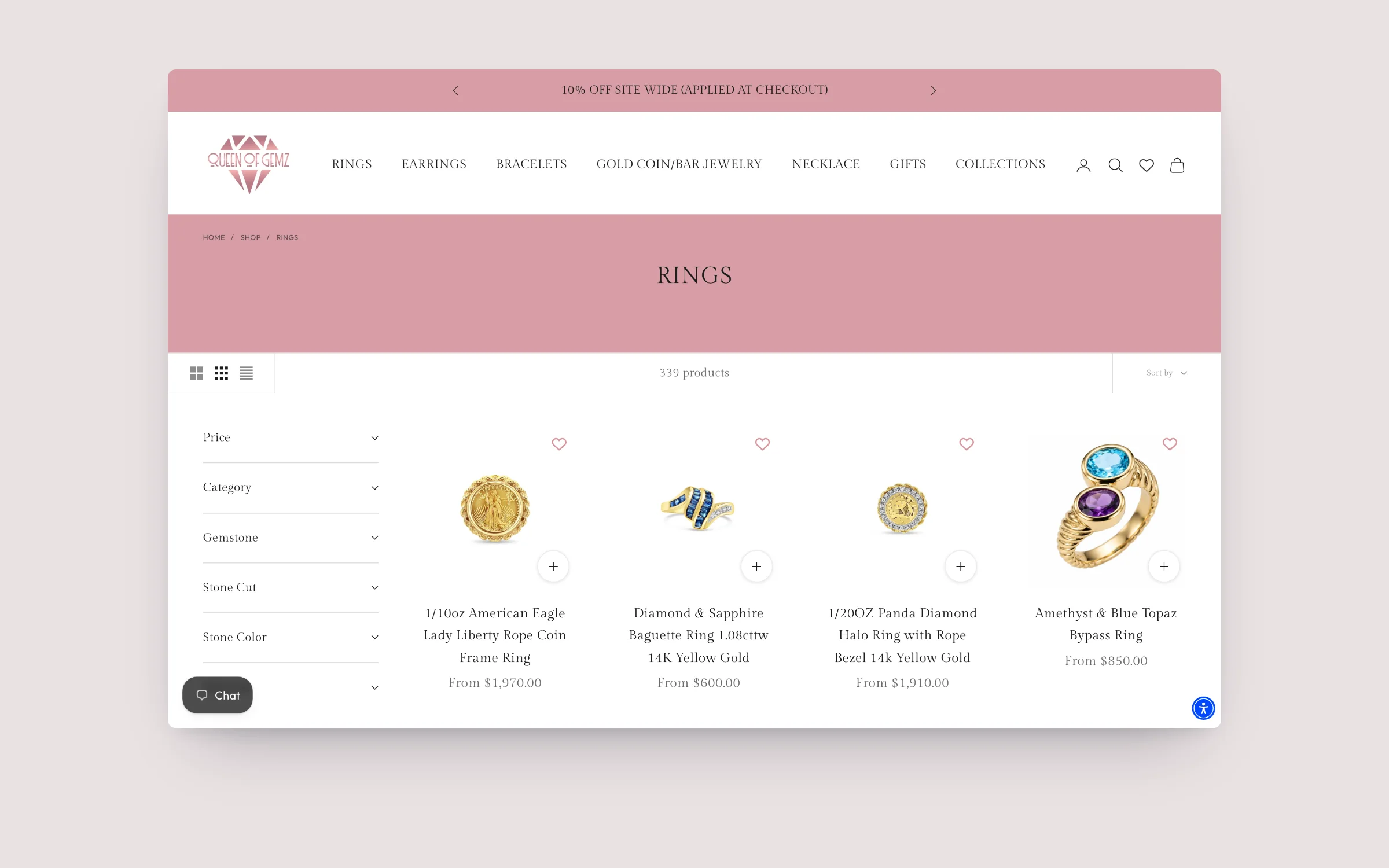 Queen of Gemz collection page with gemstone, cut, colour and material filters