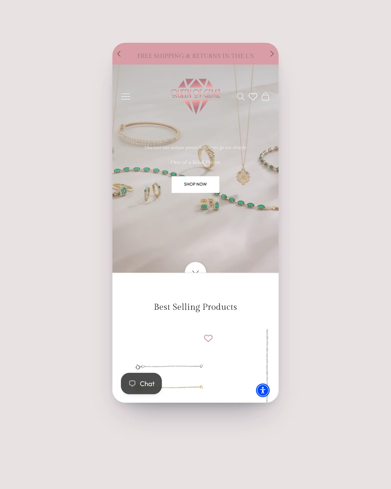 Queen of Gemz homepage on a phone with best selling products