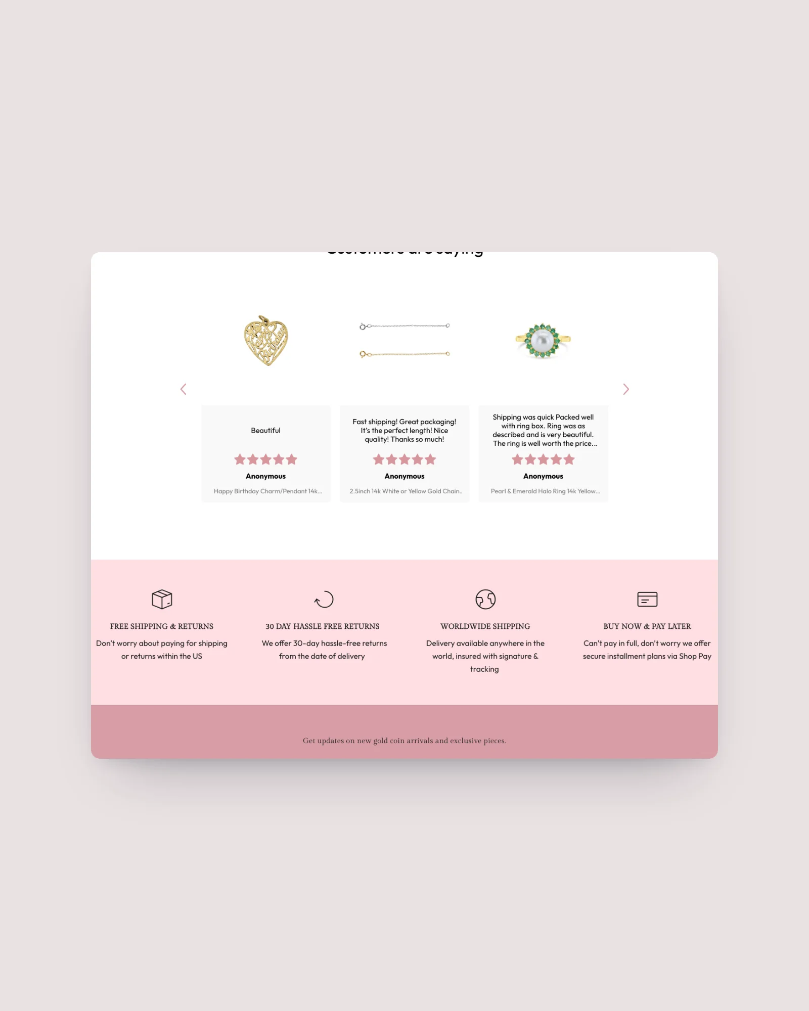 Queen of Gemz homepage reviews and trust icons for free shipping, returns and guarantees
