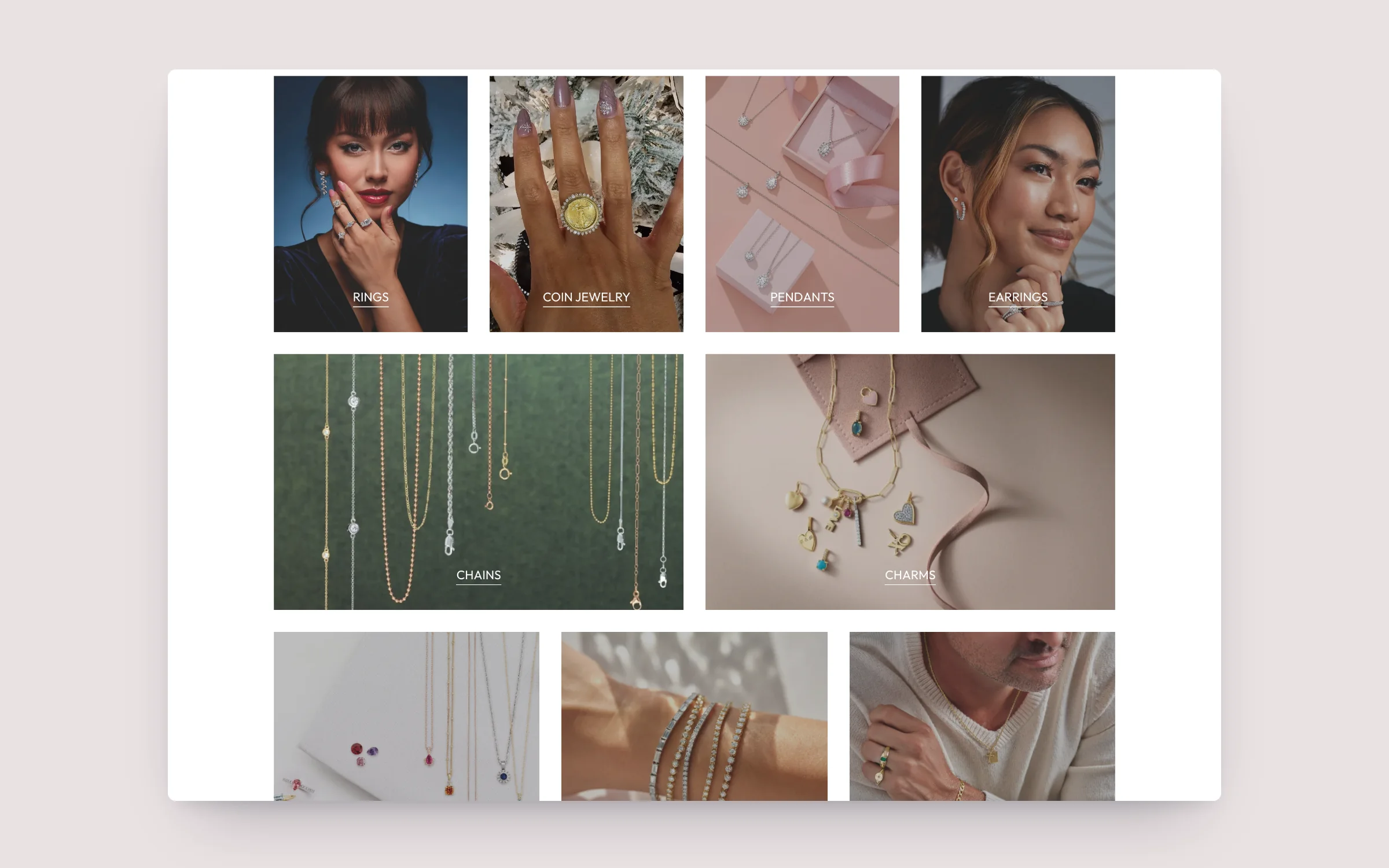 Queen of Gemz homepage shop-by-category tiles for rings, coin jewelry, pendants, earrings, chains and charms