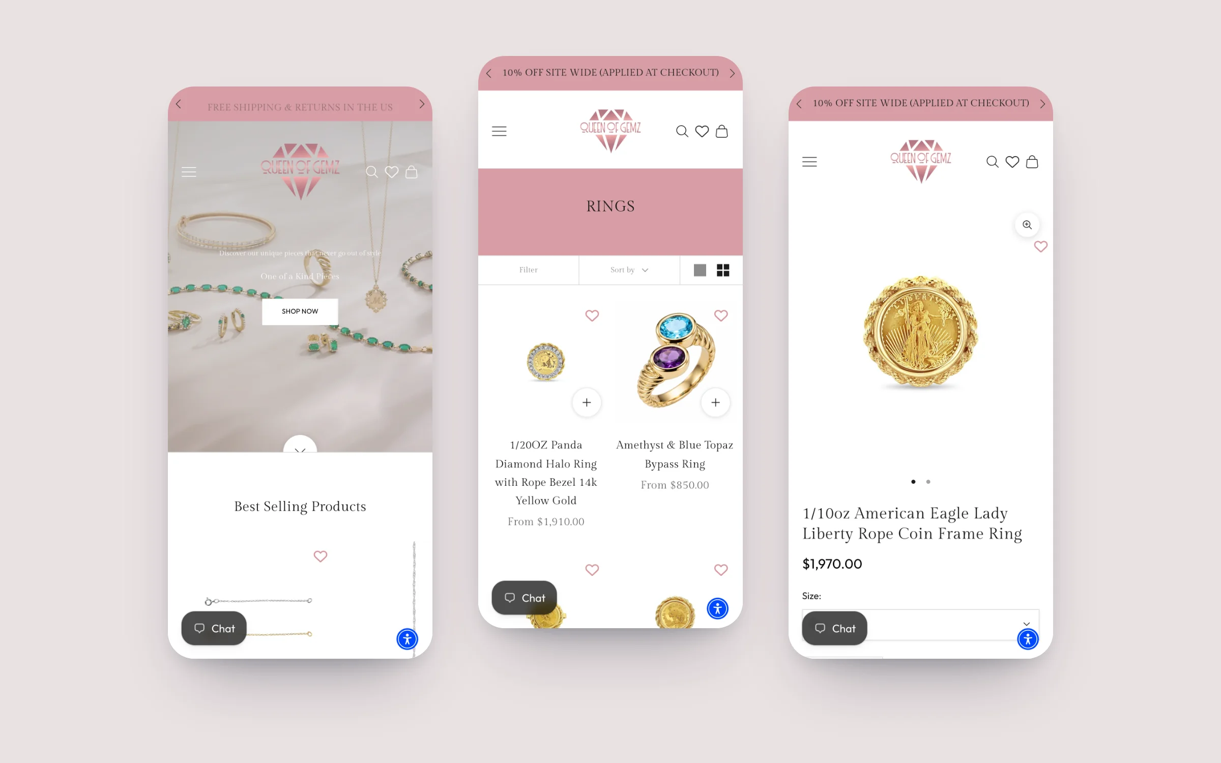 Queen of Gemz homepage, rings collection and coin ring product page on three phones