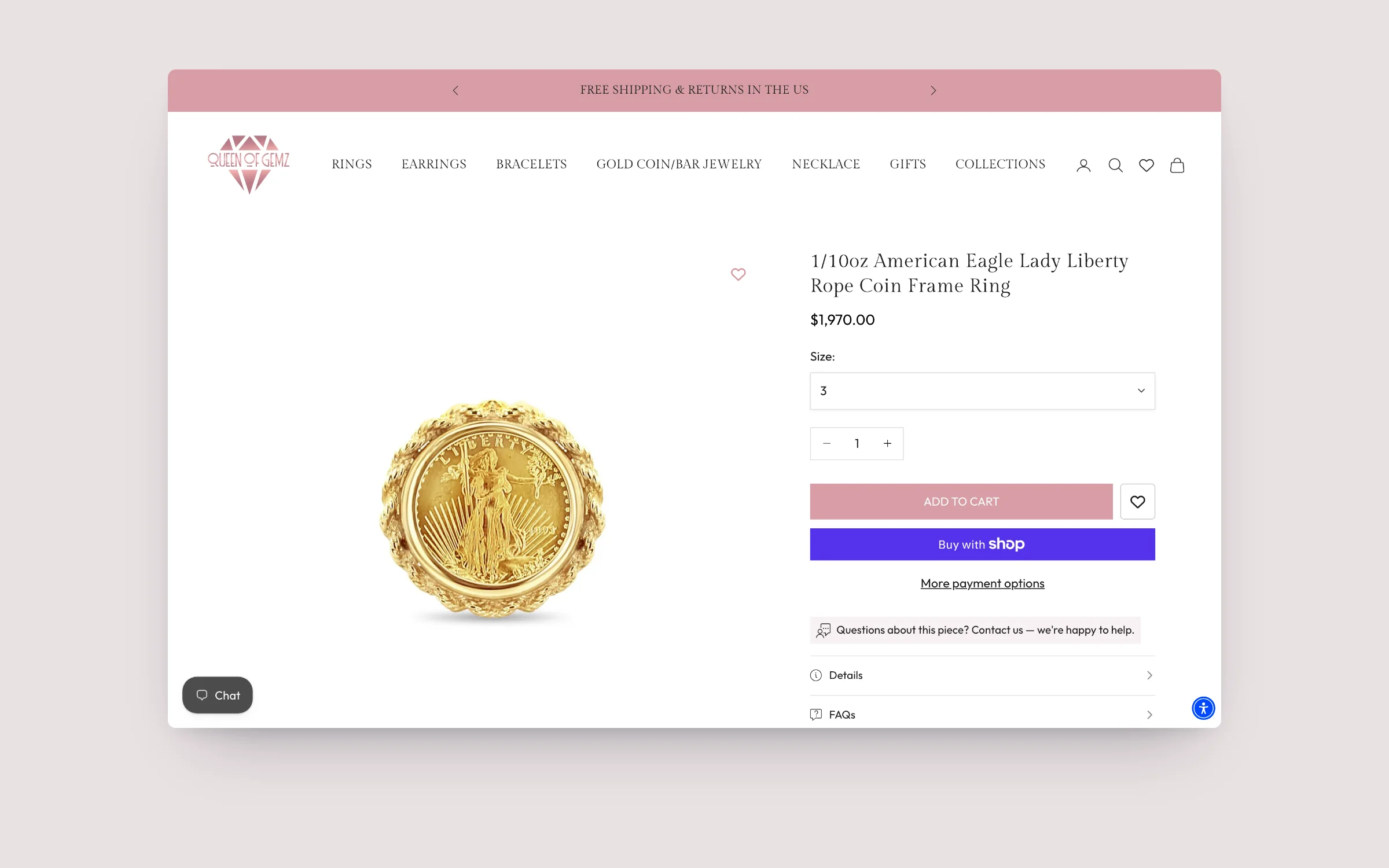 Queen of Gemz gold coin frame ring product page with size, add to cart and Shop Pay