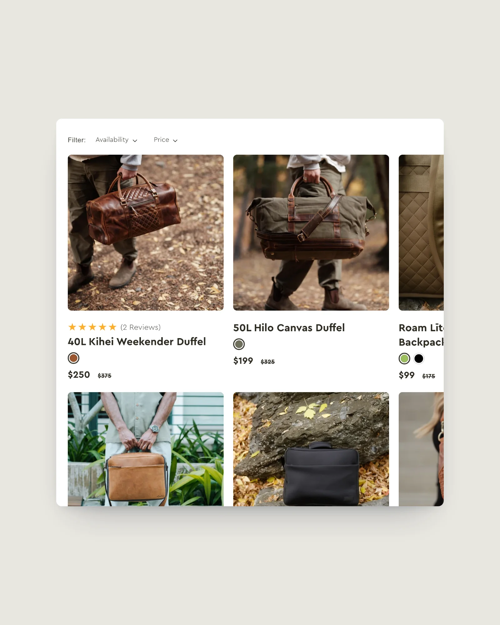 Römfre collection grid with availability and price filters, reviews and option swatches