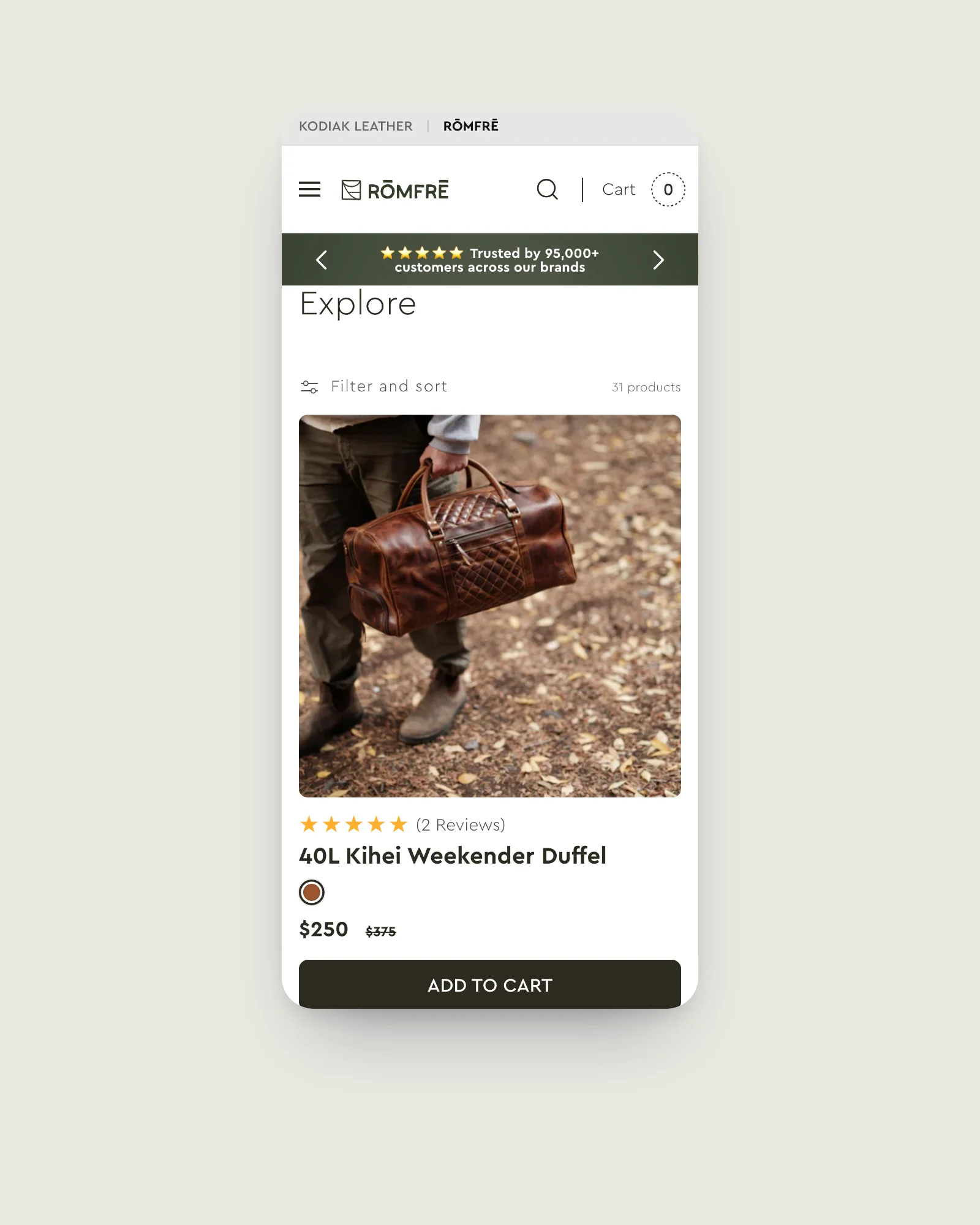 Römfre collection page on mobile
