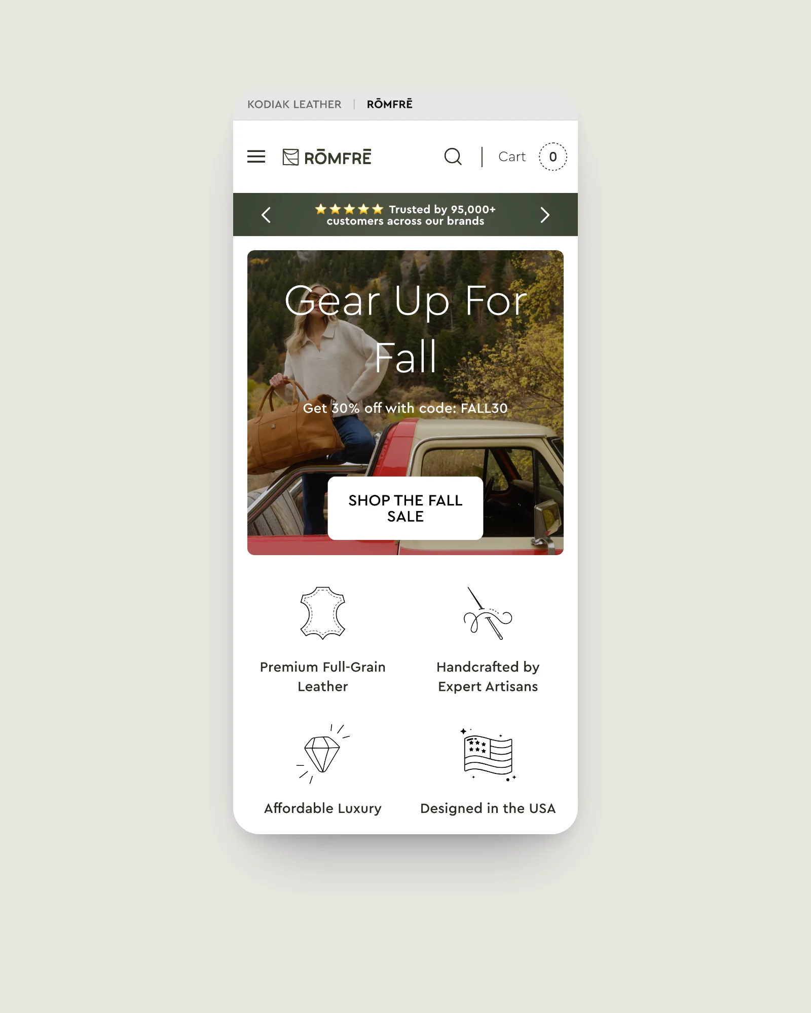 Römfre homepage on a phone: fall sale campaign with code and four brand promises