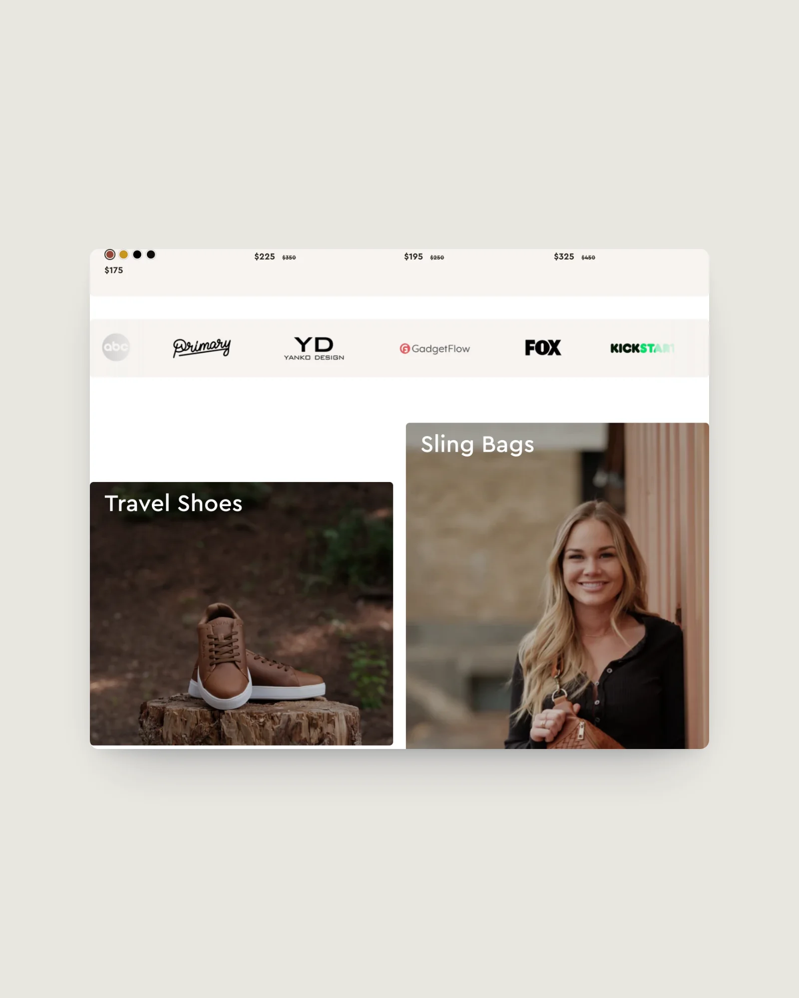 Römfre homepage press logos above Travel Shoes and Sling Bags category tiles