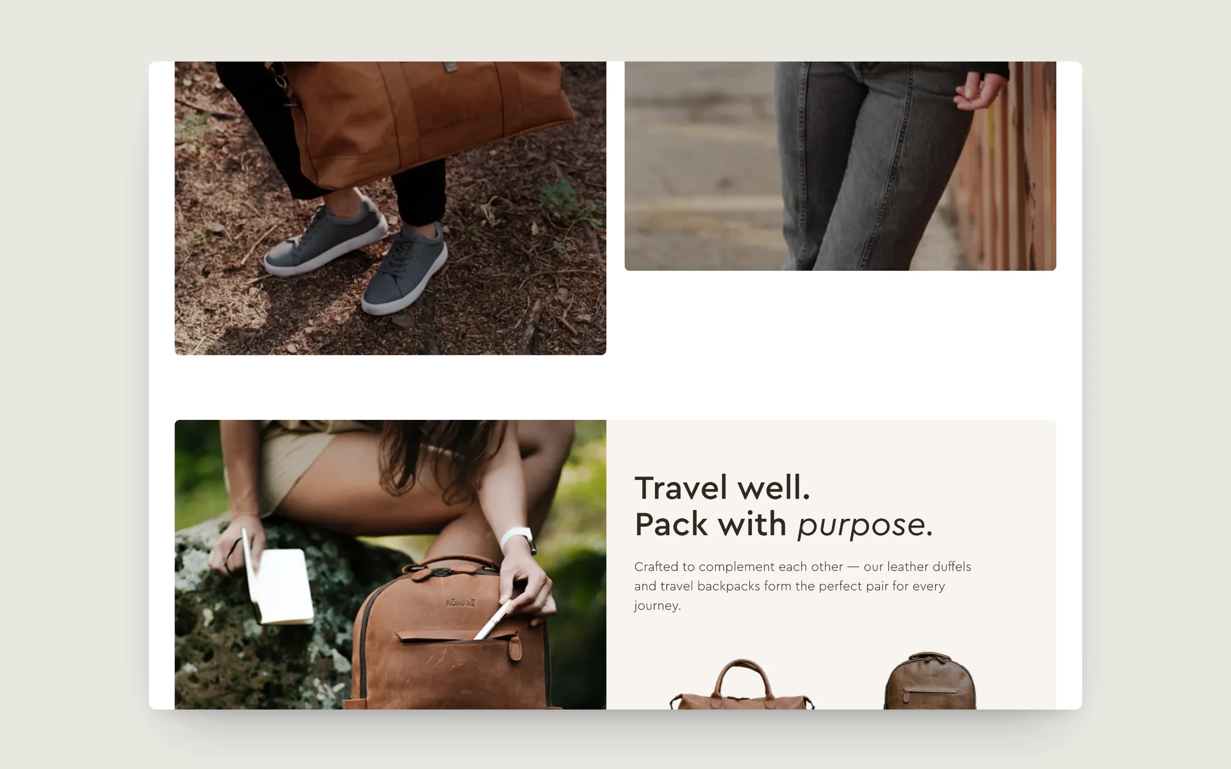 Römfre homepage: leather bag lifestyle photography and a Travel well, pack with purpose feature