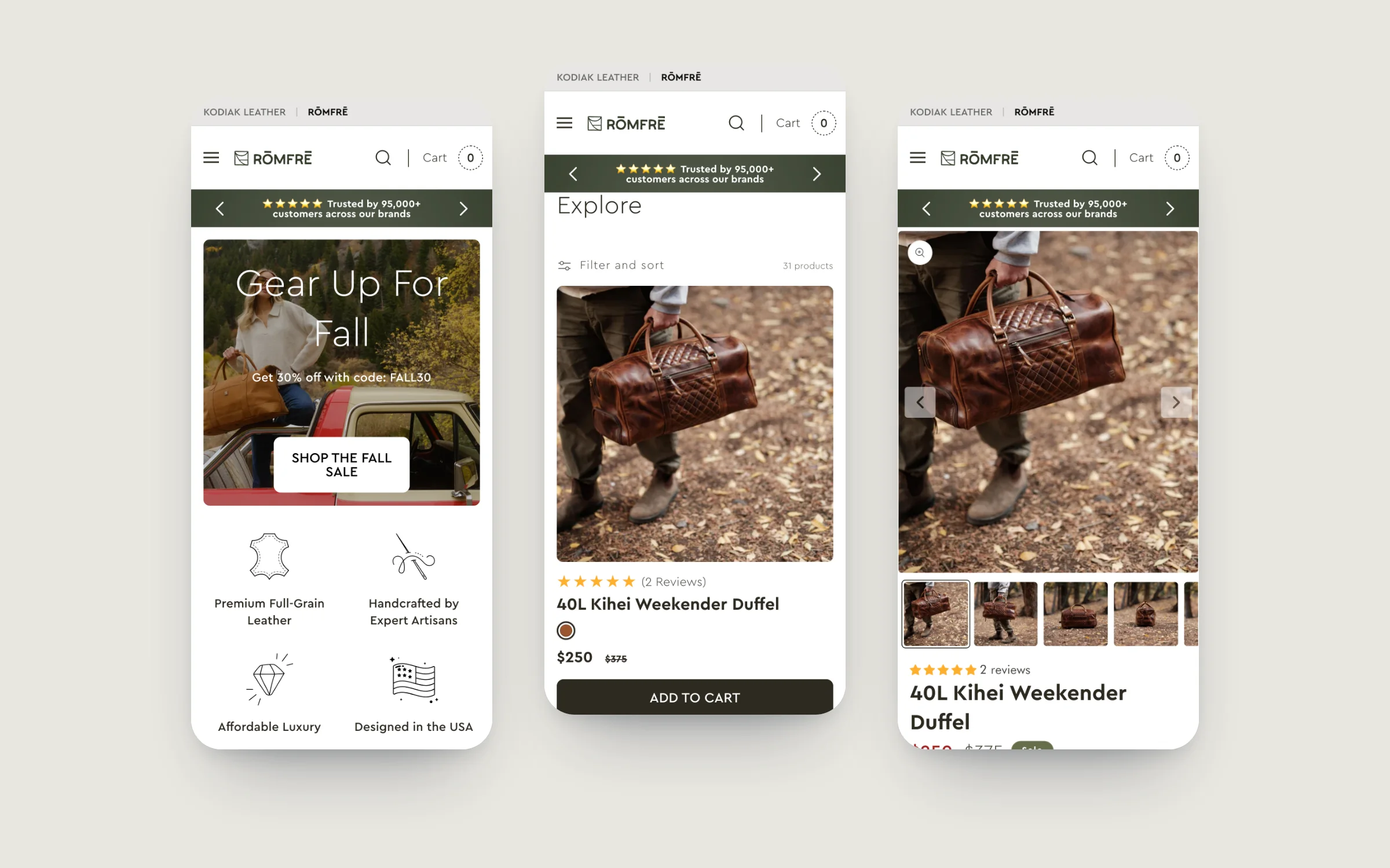 Römfre homepage, collection with quick add and weekender product page on three phones