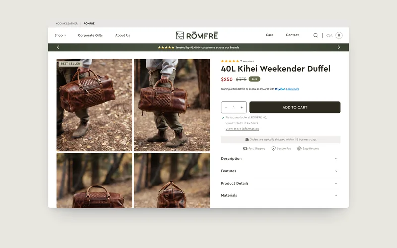 Römfre product page, built by Tripster Developers