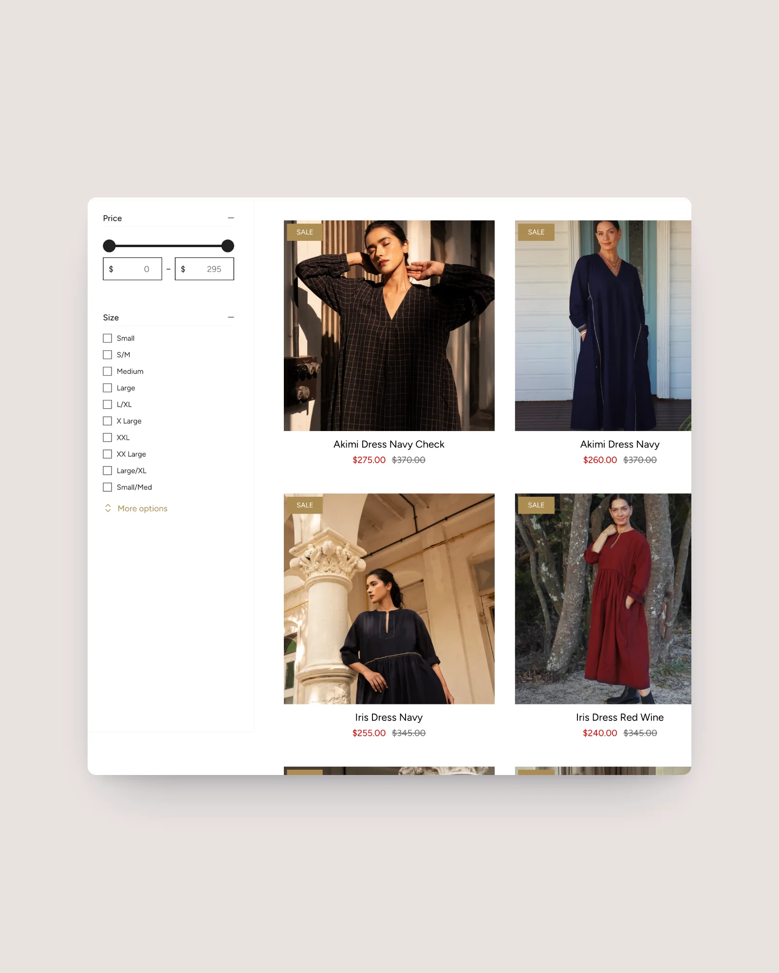 Sahana collection with price slider and size filters beside dresses showing sale prices
