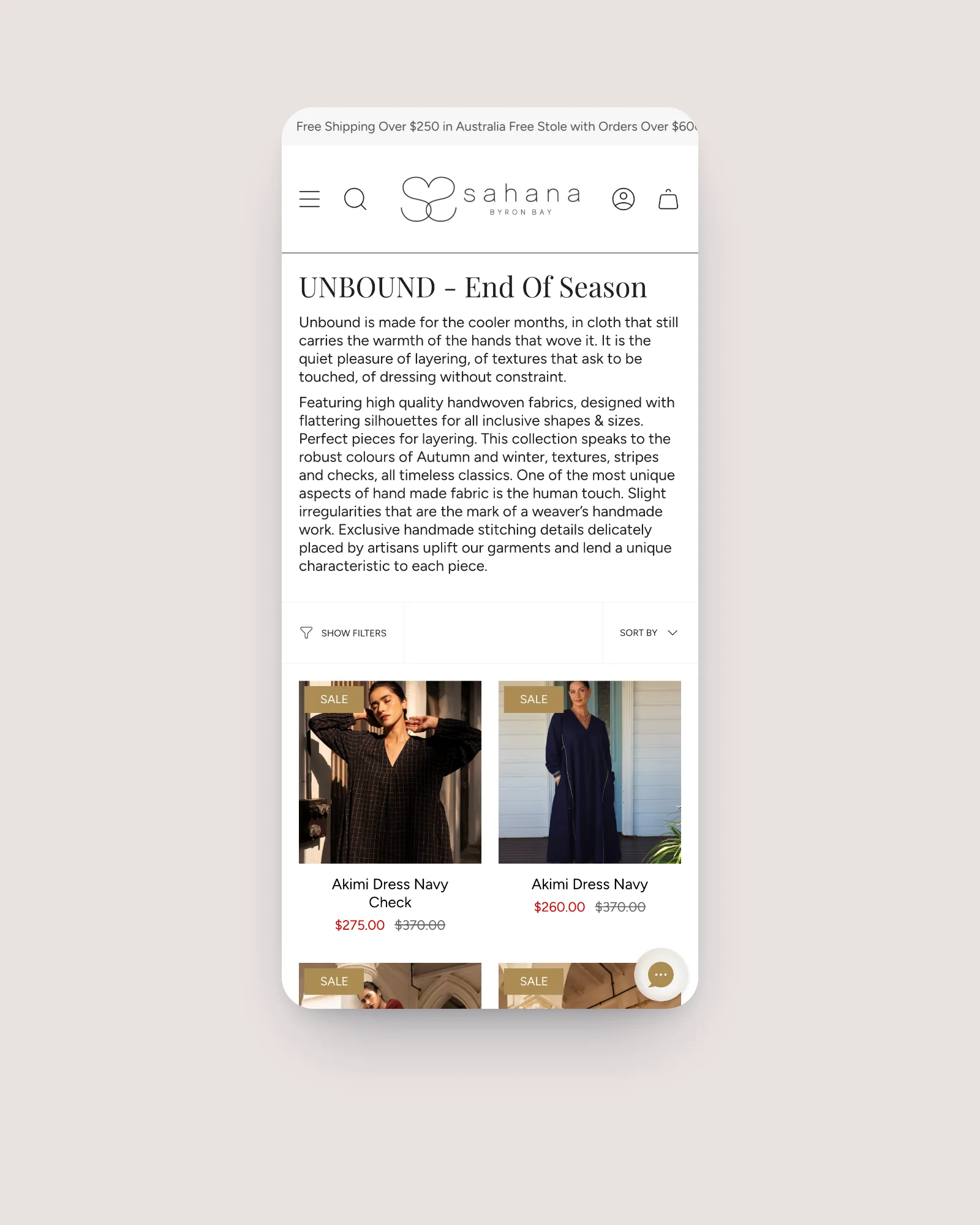 Sahana collection page on mobile