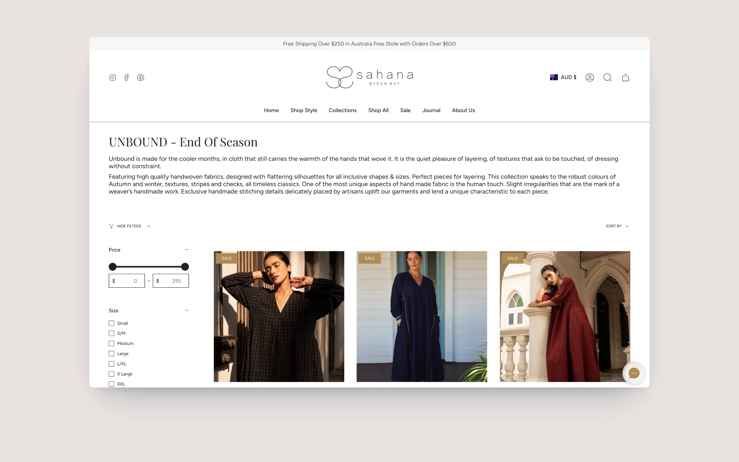 Sahana collection page with size and price filters