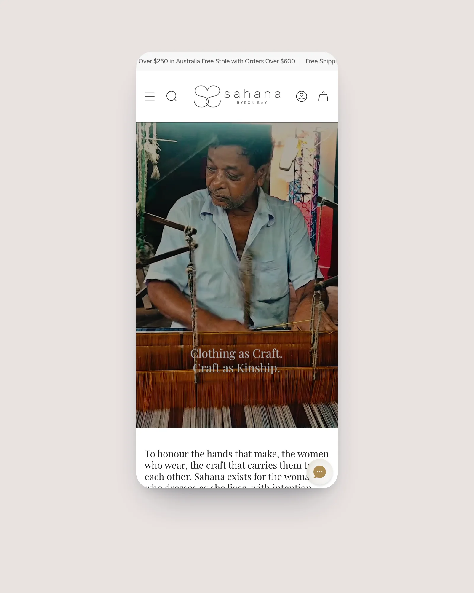 Sahana homepage on a phone opening on a weaver at the loom
